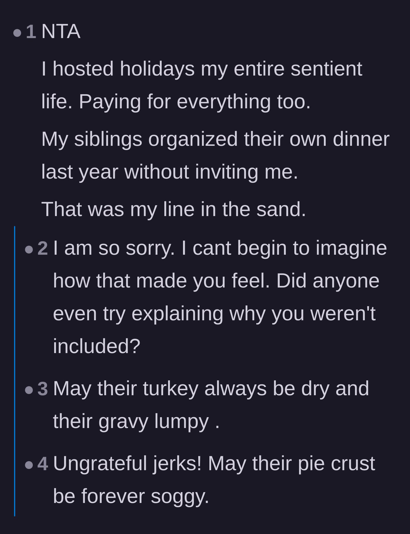 Comment thread 3 - A commenter sharing how they stopped hosting after their siblings secretly planned a separate holiday