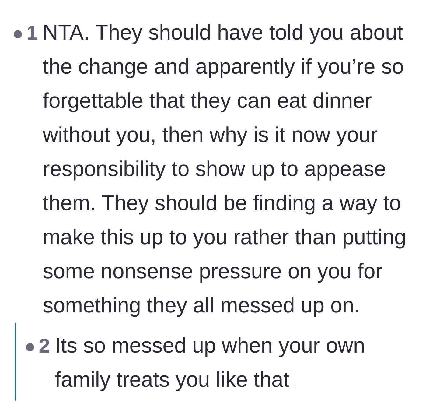 Comment thread 5 - Pointing out the family's hypocrisy in demanding she show up to ease their own guilt