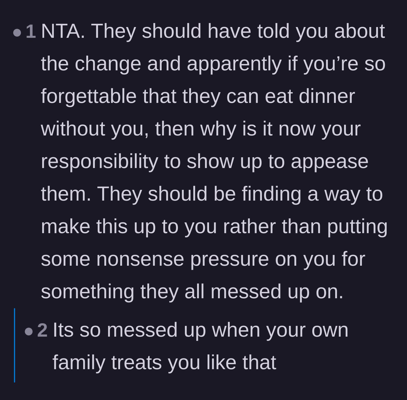Comment thread 5 - Pointing out the family's hypocrisy in demanding she show up to ease their own guilt