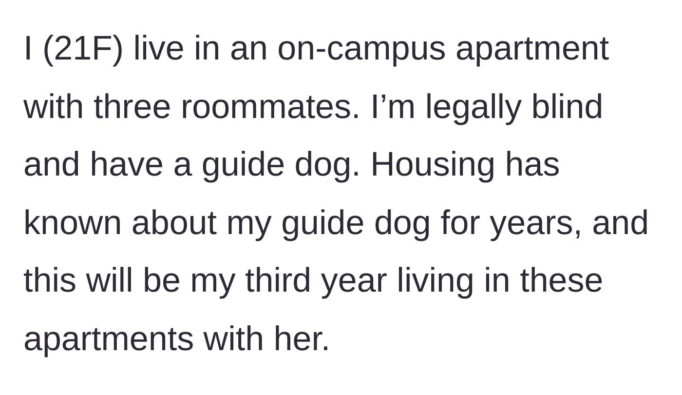 Story part 1 - The 21-year-old author explains her living situation with her guide dog.