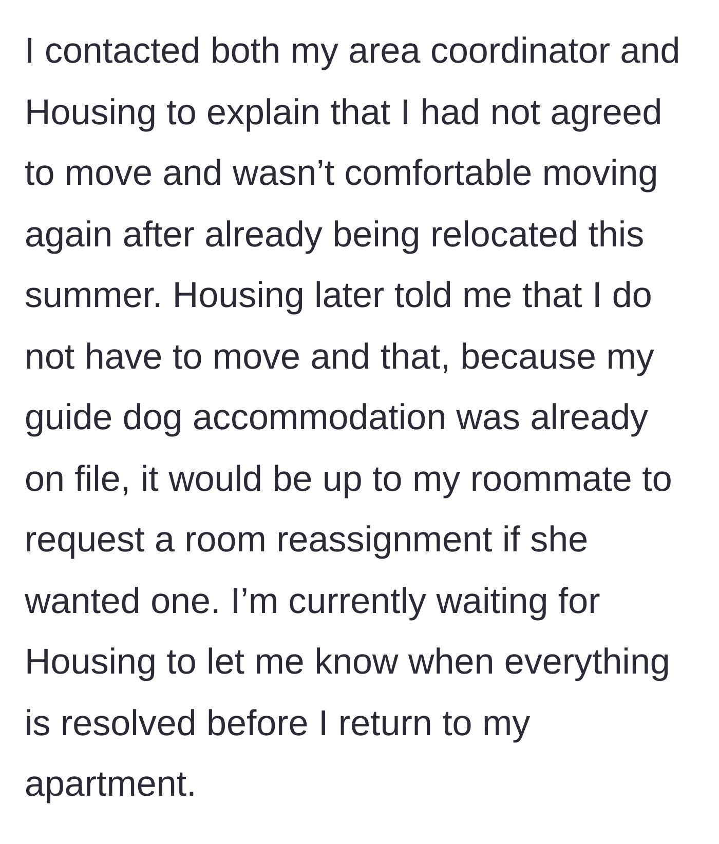 Story part 6 - The author corrects the lie with housing, who confirms she can stay.