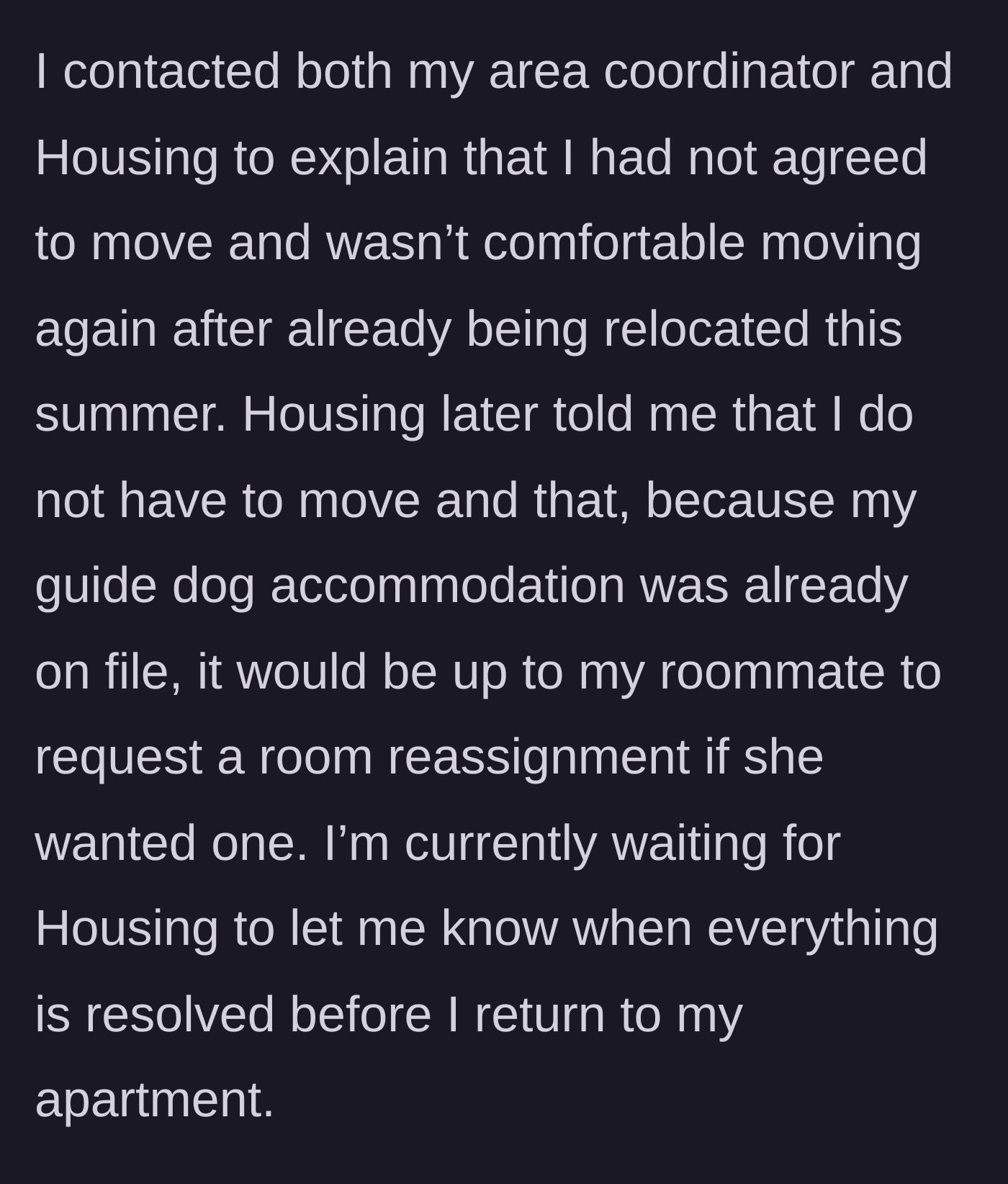 Story part 6 - The author corrects the lie with housing, who confirms she can stay.