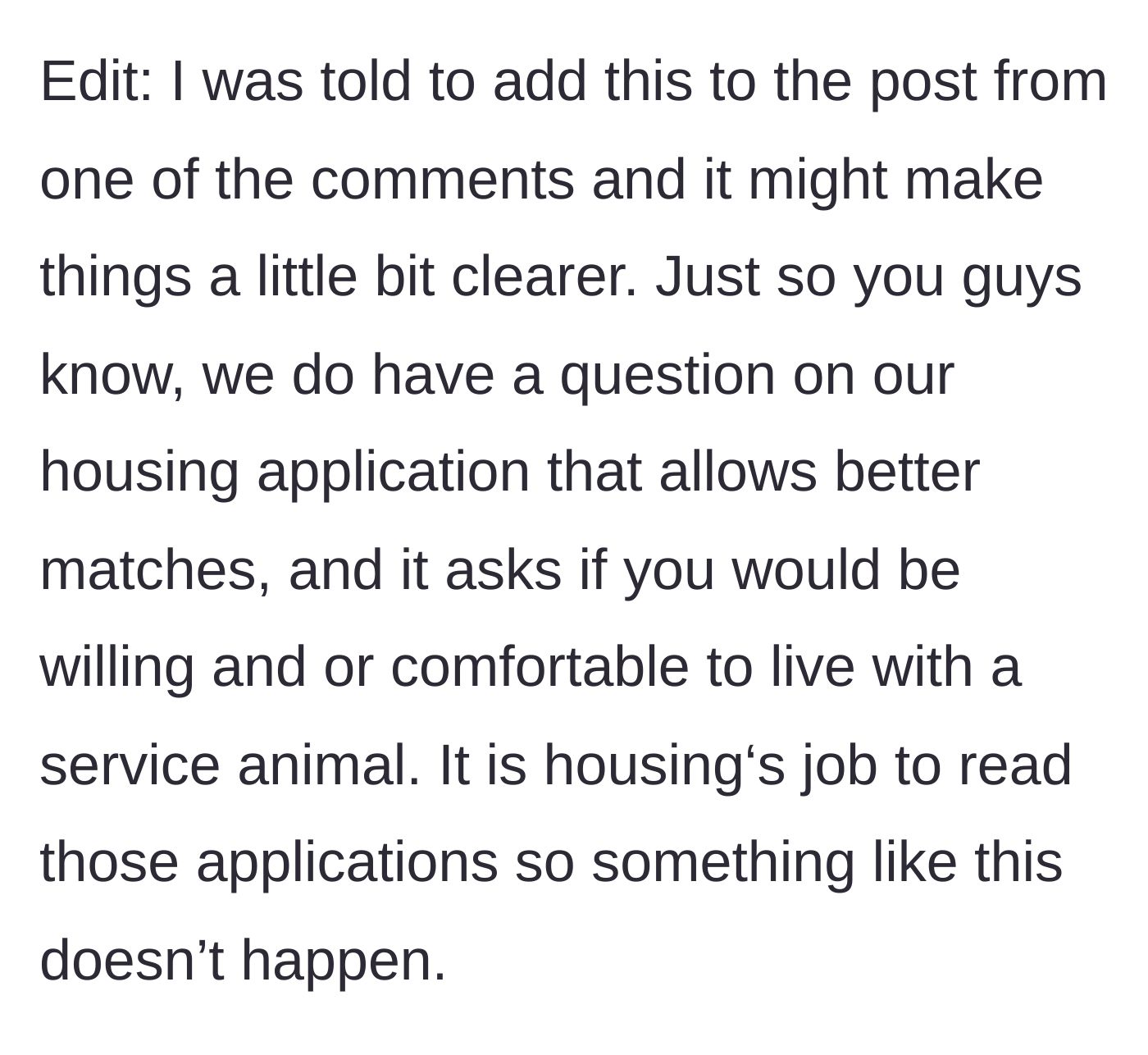 Story part 8 - An edit explaining the housing application asks about service animals.