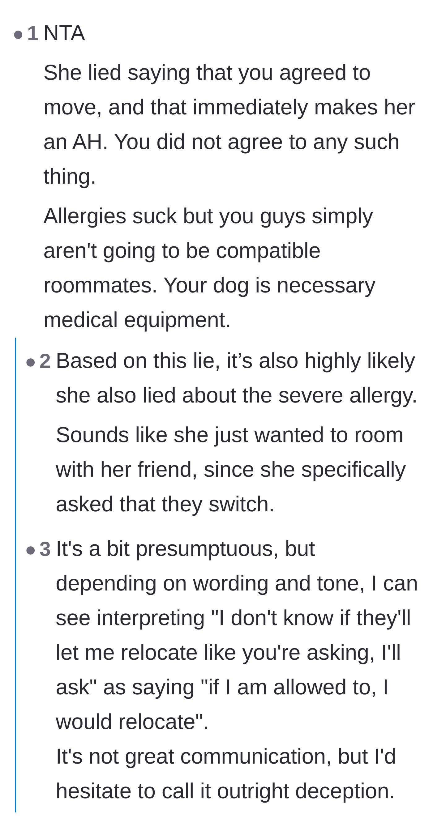 Comment thread 1 - Debating if the roommate lied about her severe allergy just to move her friend into the apartment.