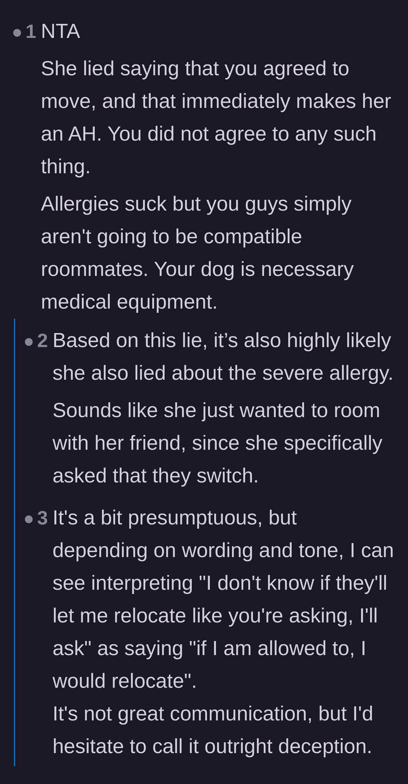 Comment thread 1 - Debating if the roommate lied about her severe allergy just to move her friend into the apartment.
