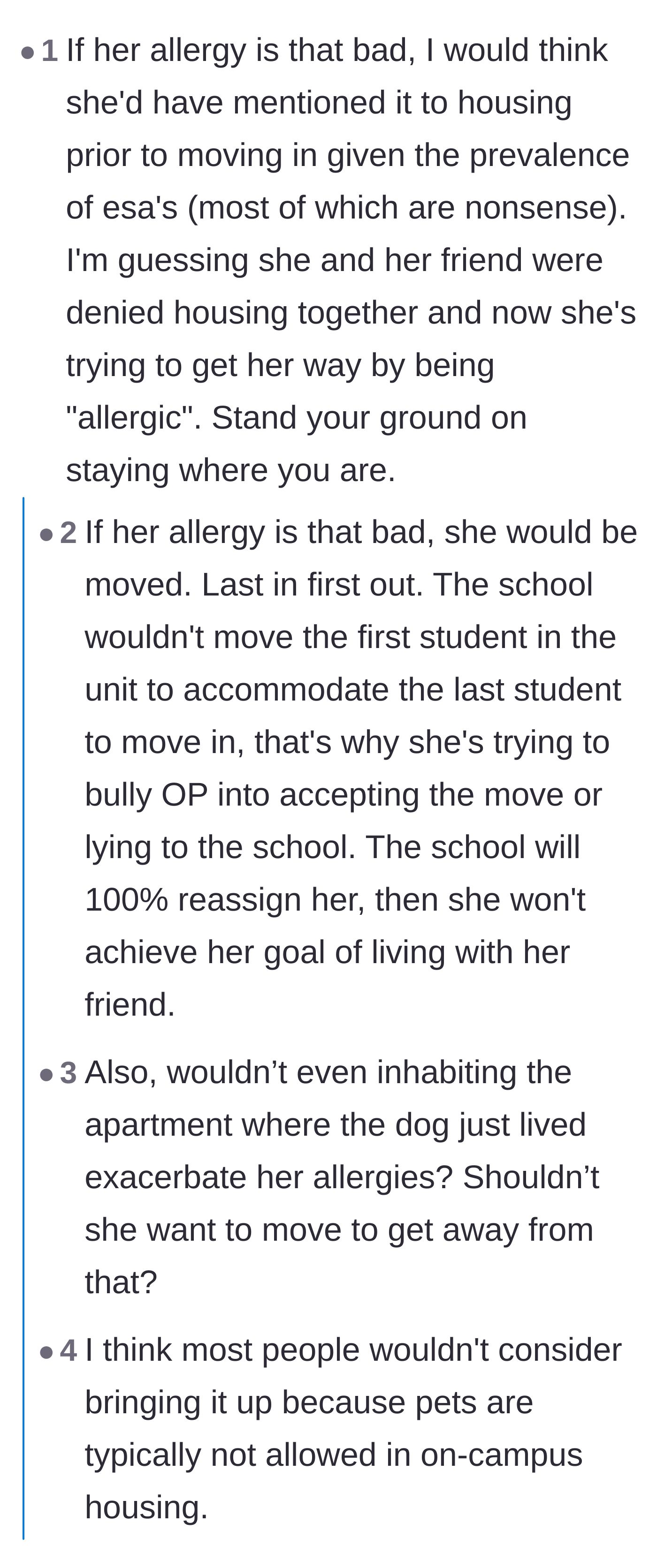 Comment thread 2 - Pointing out that someone with actual severe allergies would have documented it with housing before moving in.