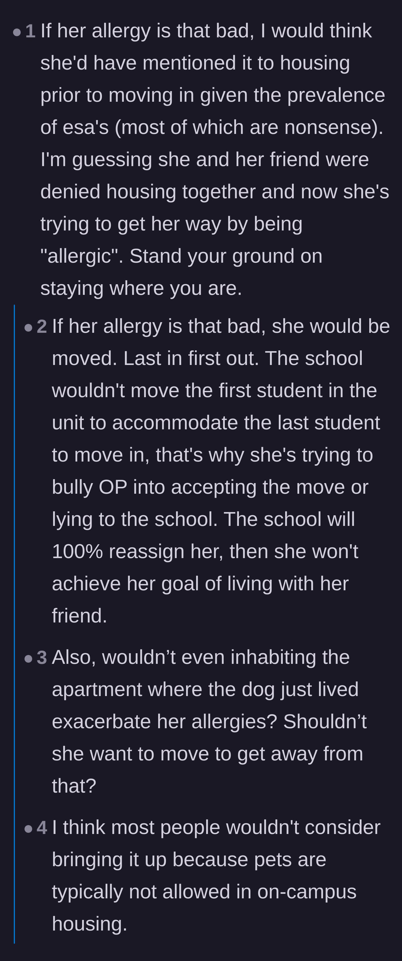 Comment thread 2 - Pointing out that someone with actual severe allergies would have documented it with housing before moving in.