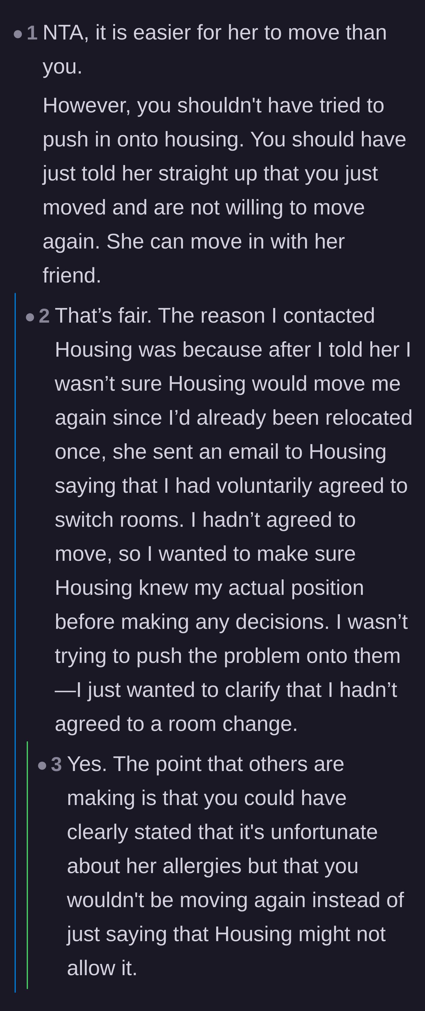Comment thread 4 - Discussing how using the housing department as an excuse backfired on the author.