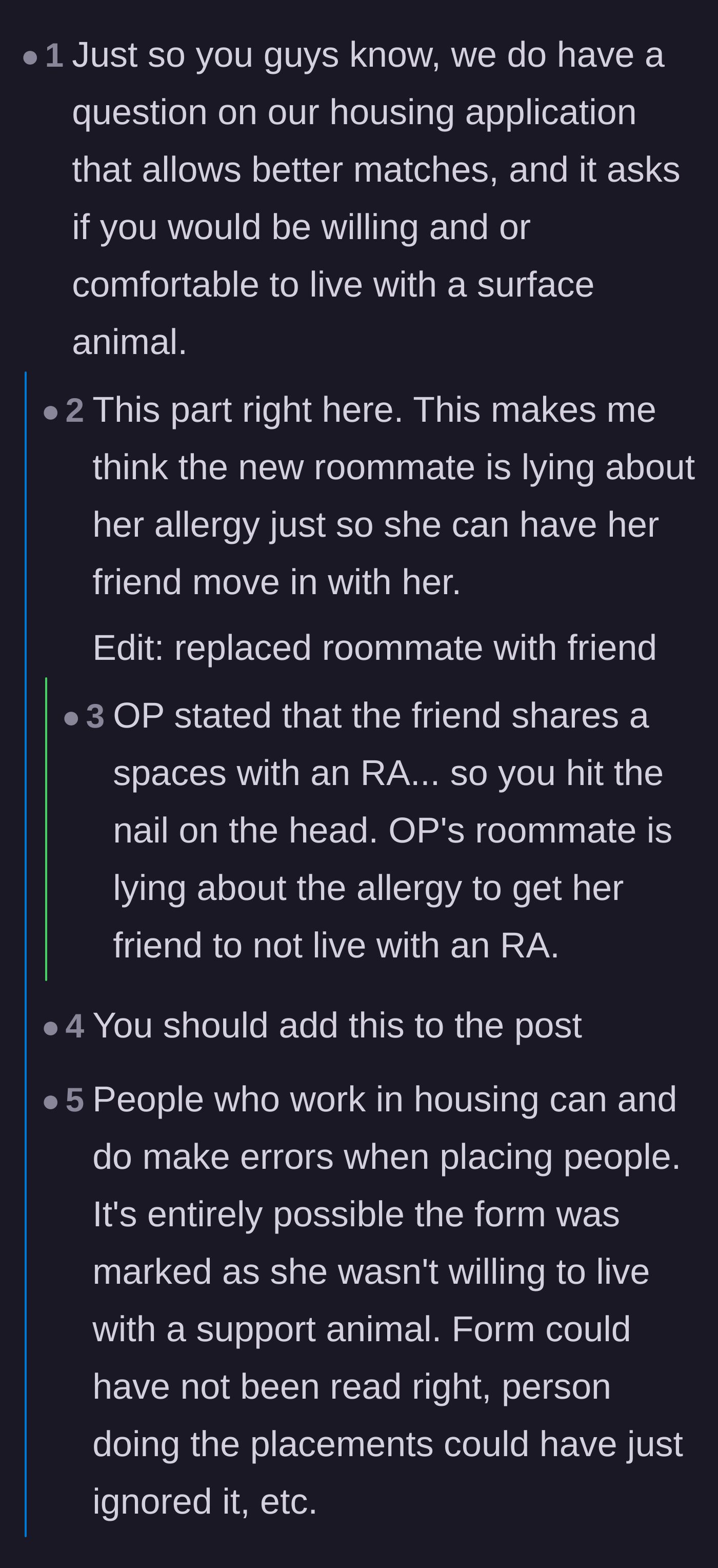 Comment thread 6 - Highlighting the housing application's explicit question about living with service animals.