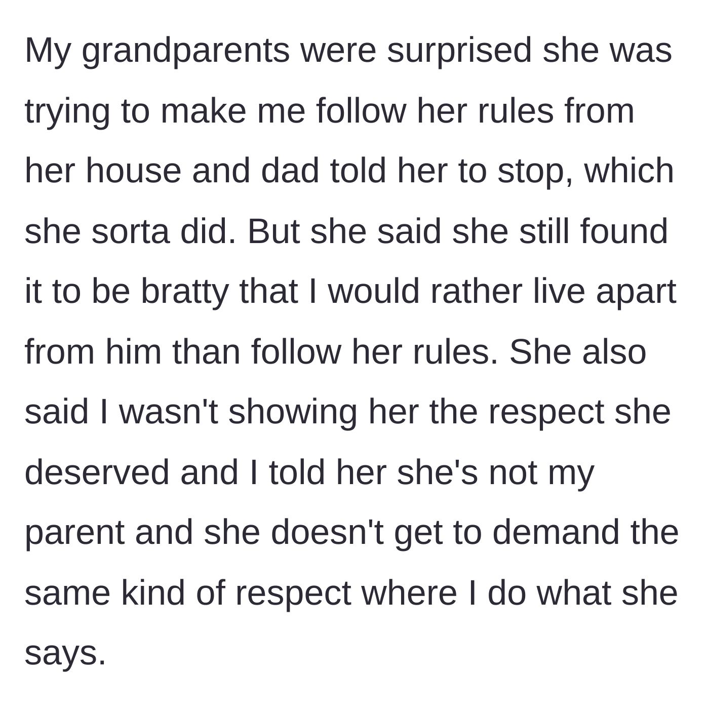 Story part 5 - The teenager confronts the girlfriend's demands for 'respect,' delivering a factual reality check about her lack of parental jurisdiction.