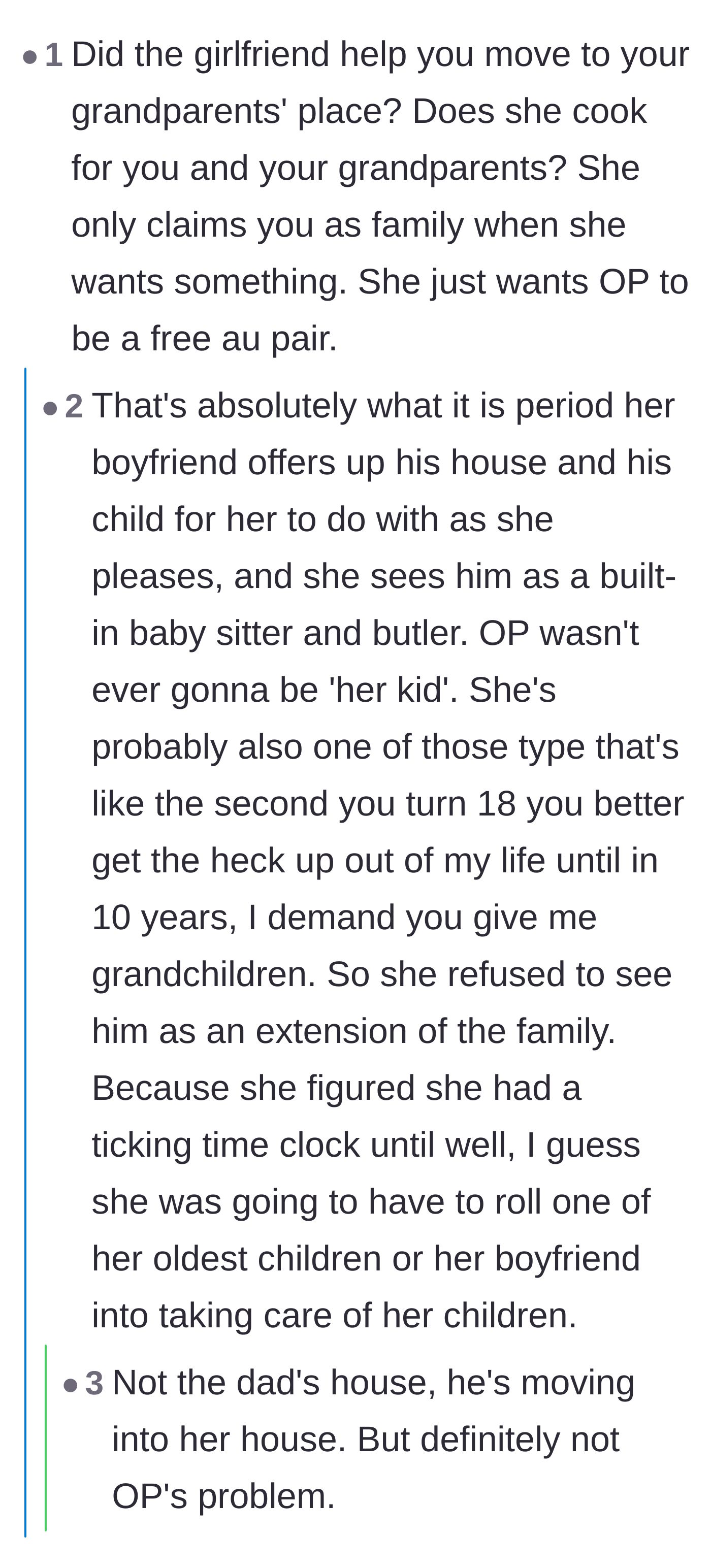 Comment thread 3 - Commentary calling out the girlfriend's highly conditional view of family, noting she only claims him when she needs help.