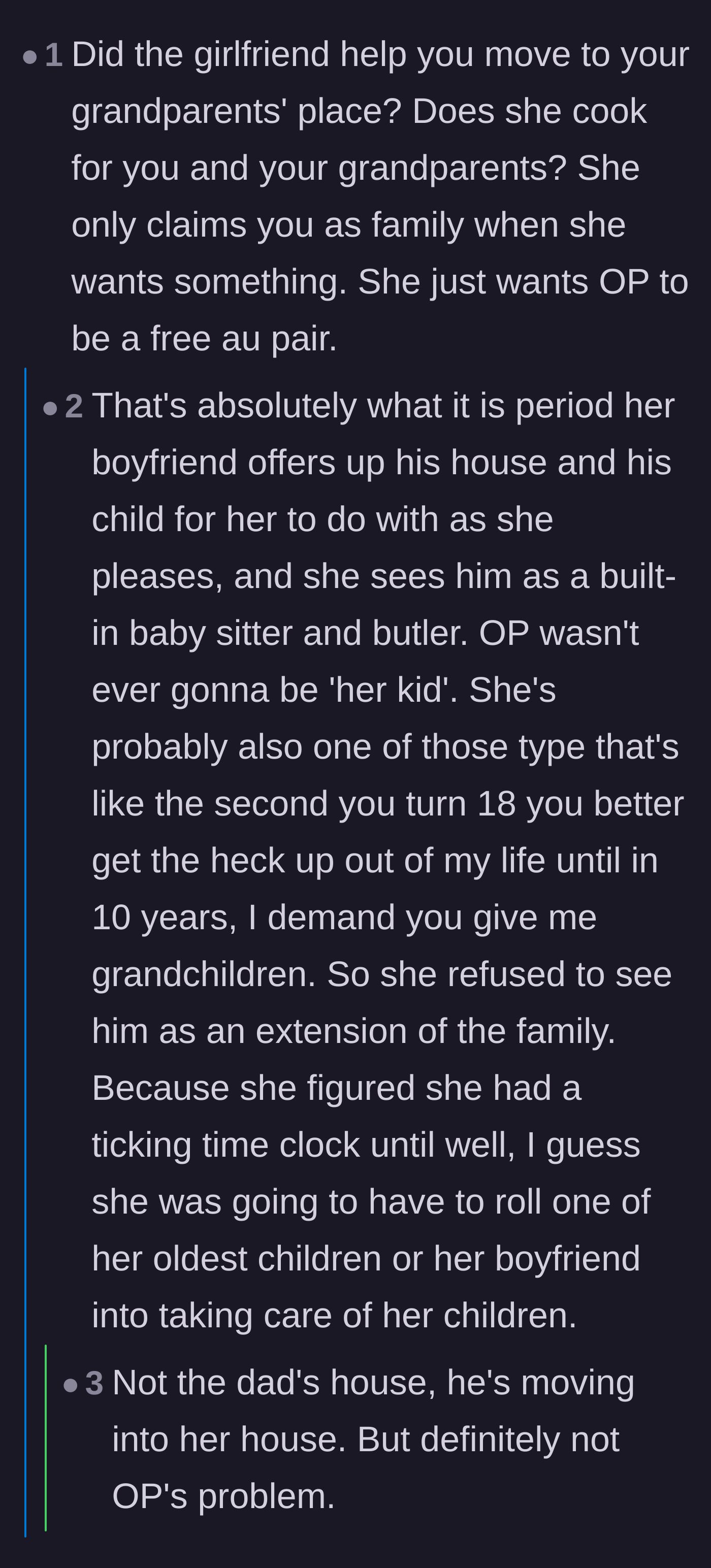 Comment thread 3 - Commentary calling out the girlfriend's highly conditional view of family, noting she only claims him when she needs help.