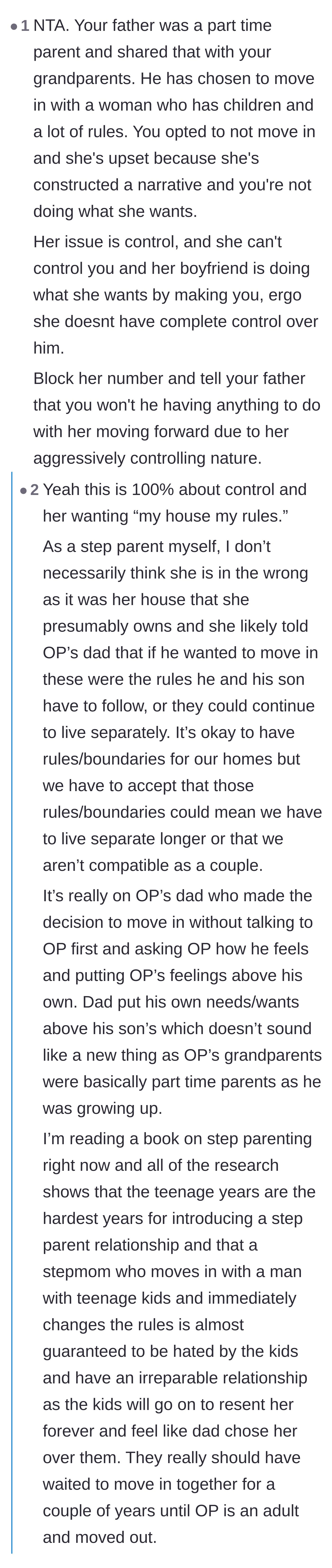 Comment thread 4 - A nuanced breakdown shifting blame to the father for failing to prioritize his son, backed by the realities of step-parenting teenagers.