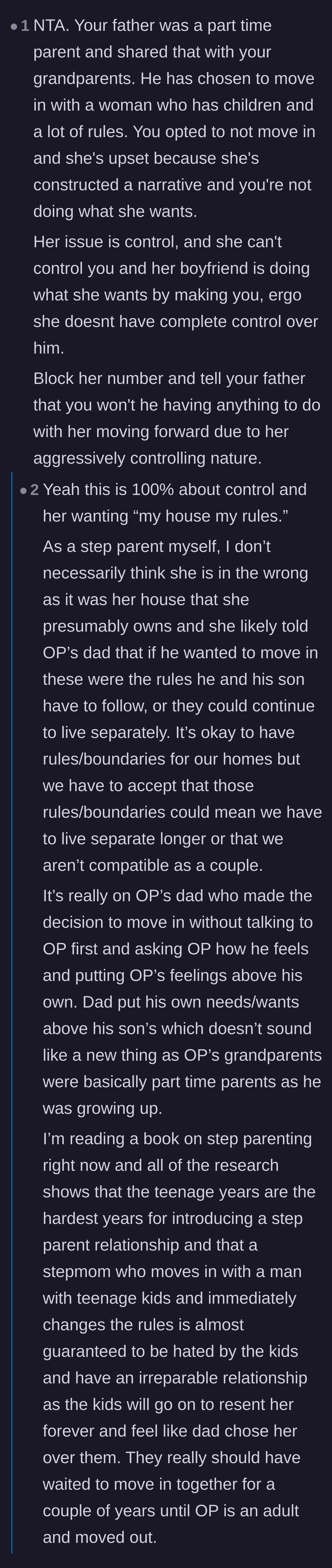 Comment thread 4 - A nuanced breakdown shifting blame to the father for failing to prioritize his son, backed by the realities of step-parenting teenagers.