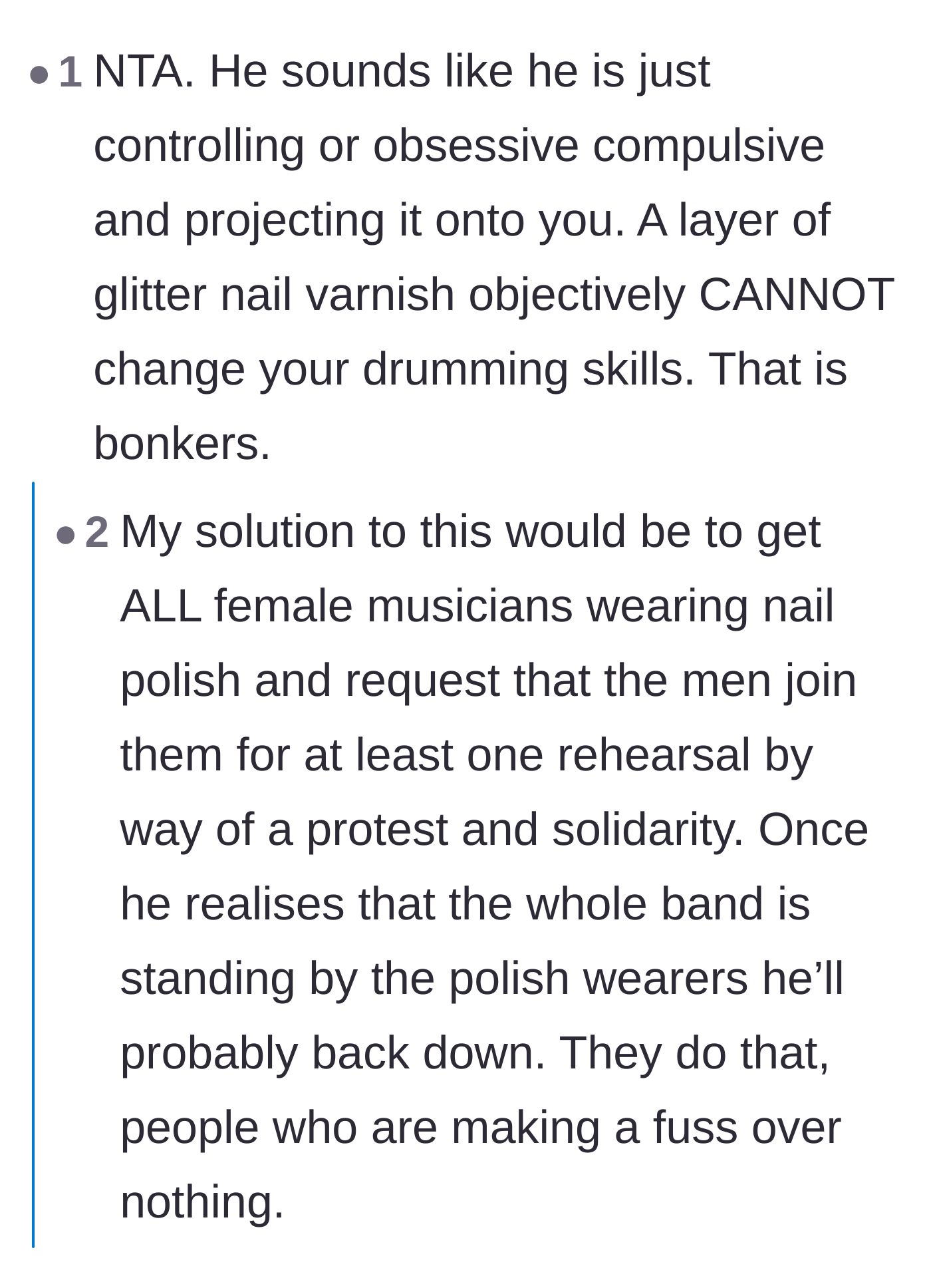 Comment thread 2 - A suggestion for the male drummers to wear nail polish in solidarity to expose the double standard.