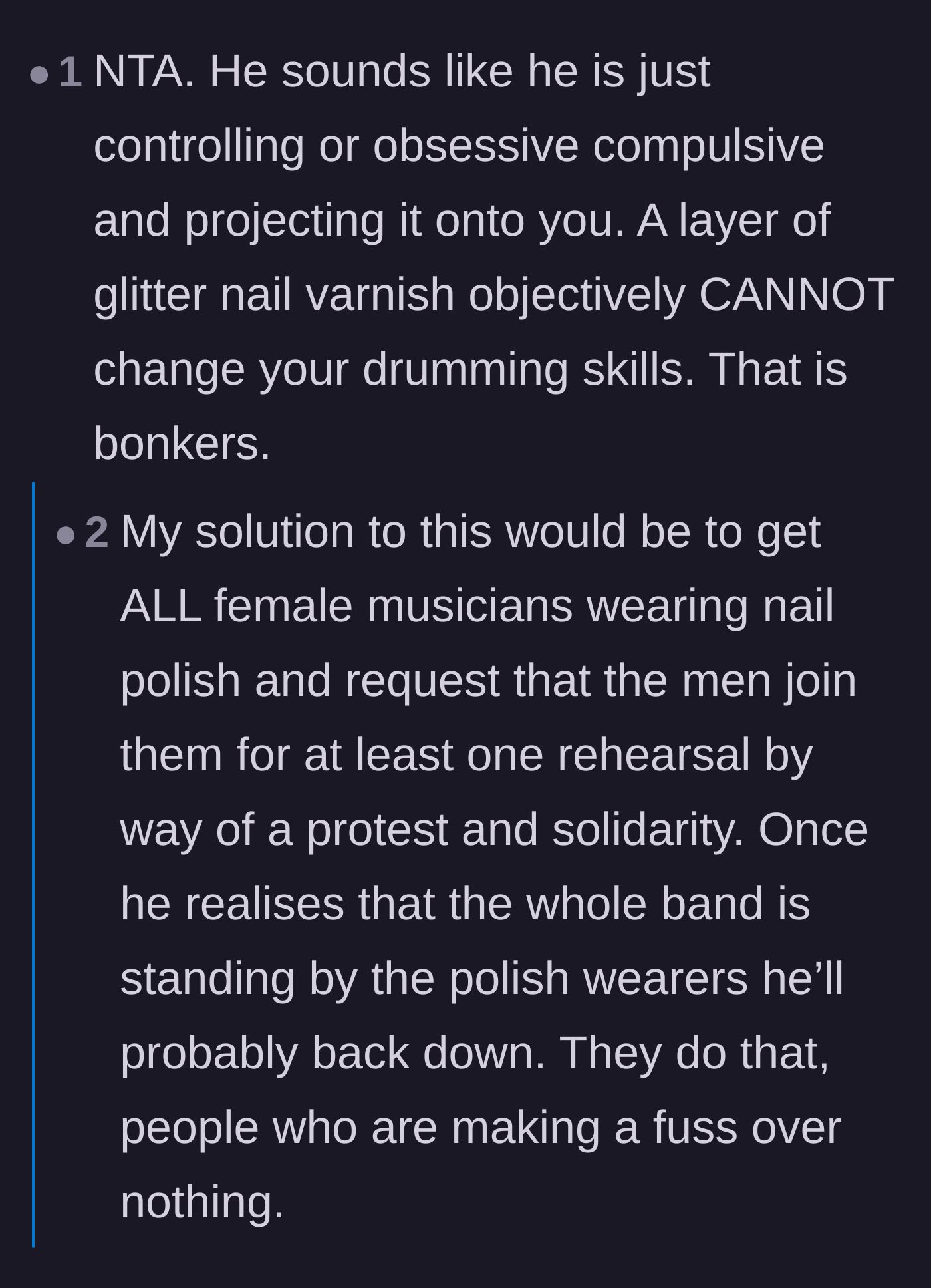 Comment thread 2 - A suggestion for the male drummers to wear nail polish in solidarity to expose the double standard.