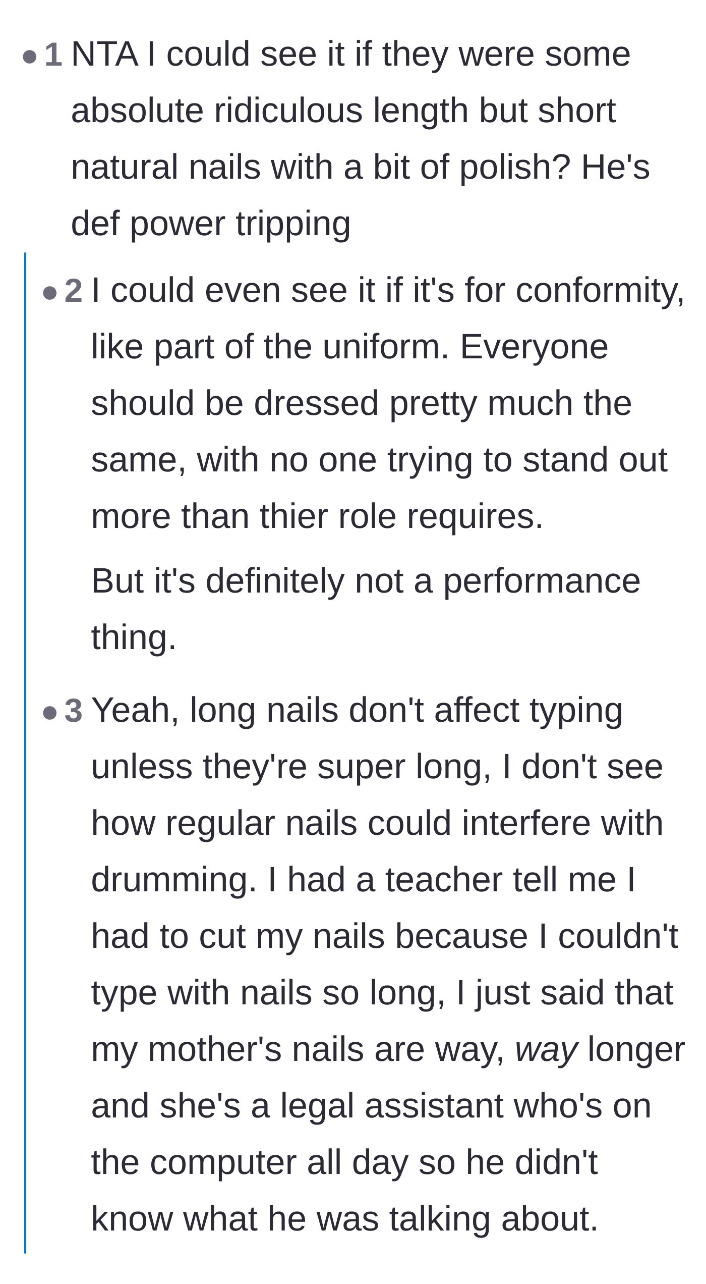 Comment thread 3 - Musicians pointing out that while pianists or string players need short nails, there is no musical reason for drummers to avoid polish.