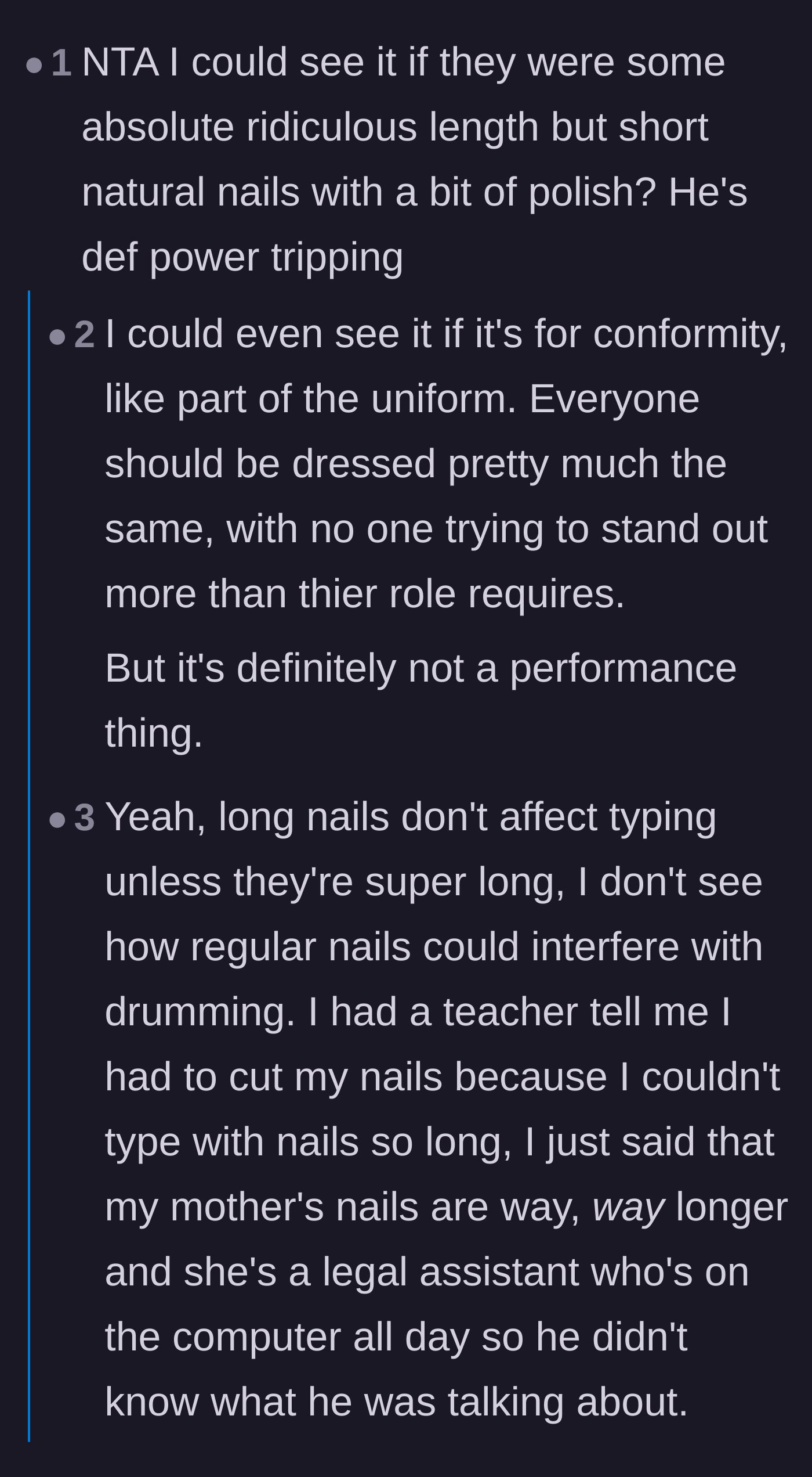 Comment thread 3 - Musicians pointing out that while pianists or string players need short nails, there is no musical reason for drummers to avoid polish.