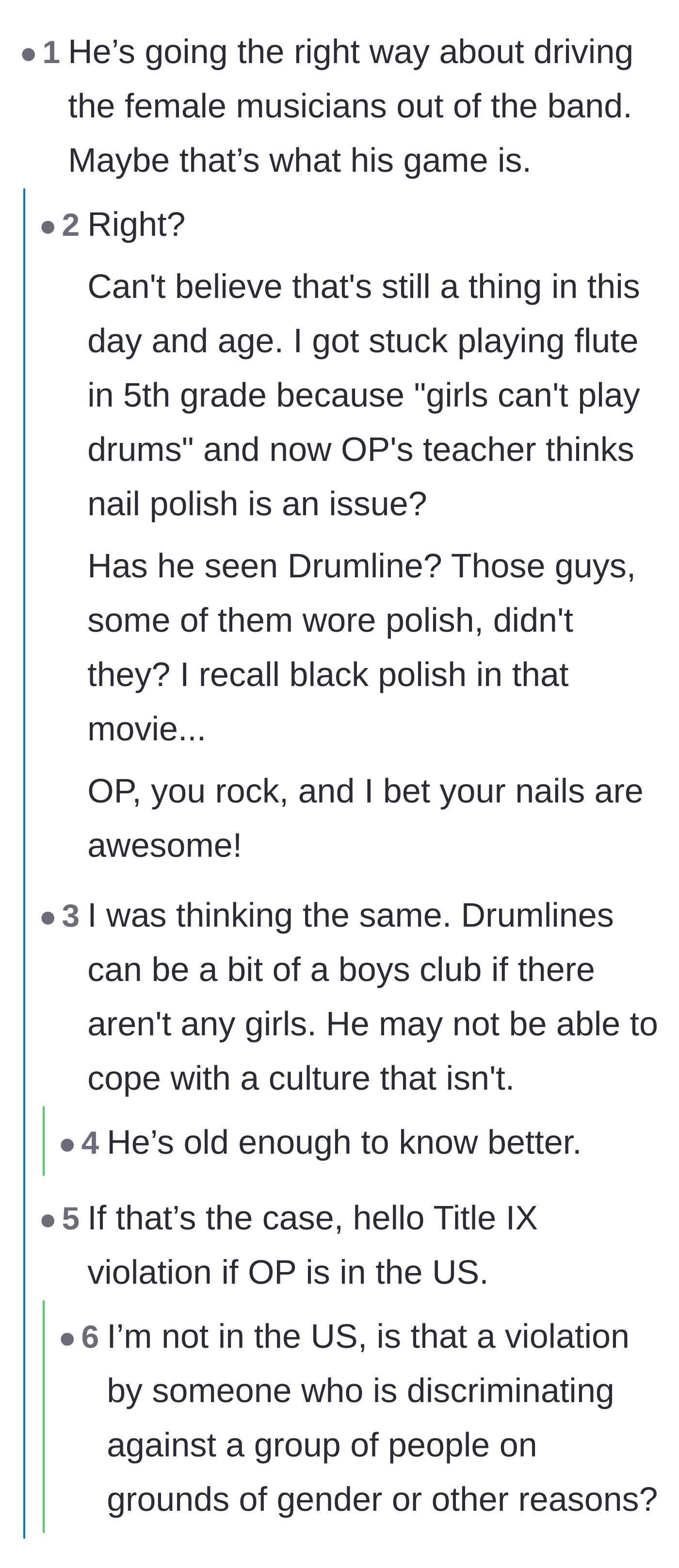 Comment thread 6 - Discussion about the tech intentionally trying to push girls out of a male-dominated drumline and potential Title IX violations.