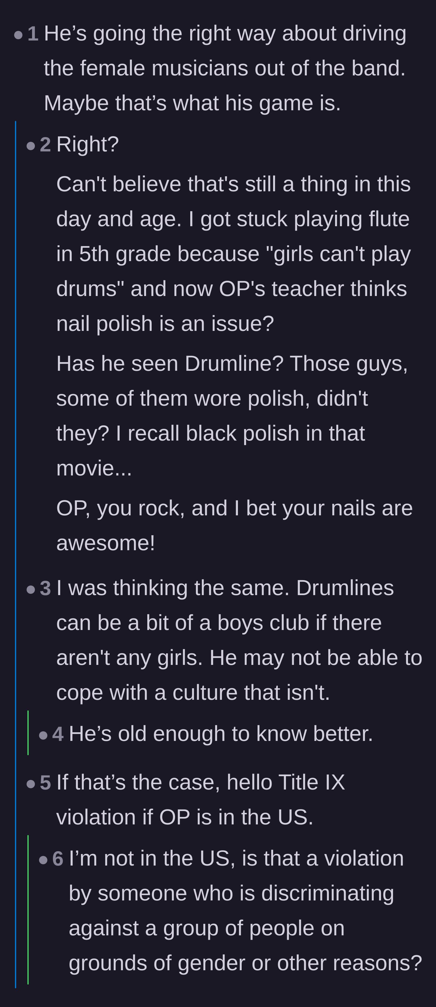 Comment thread 6 - Discussion about the tech intentionally trying to push girls out of a male-dominated drumline and potential Title IX violations.