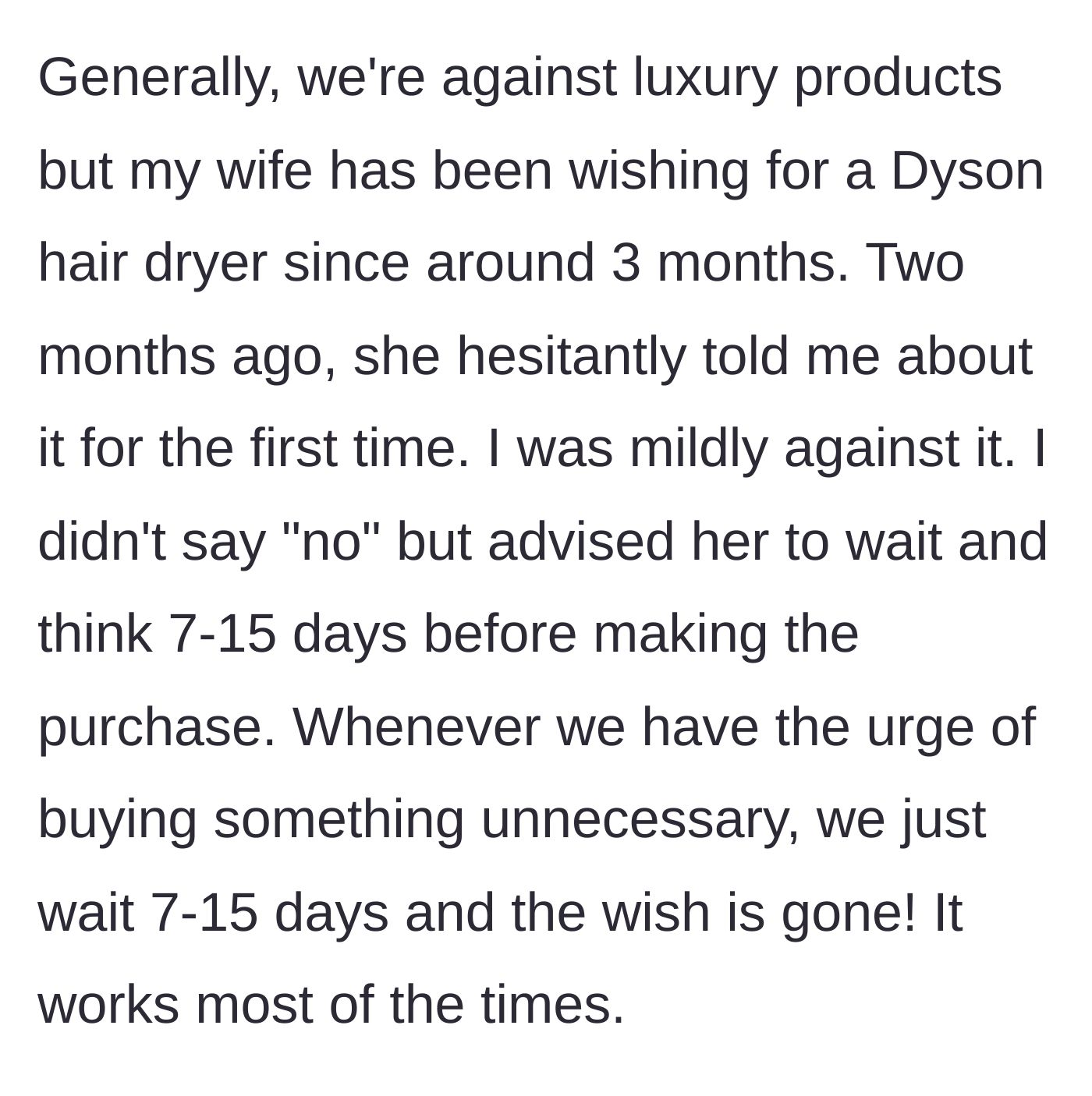 Story part 2 - A woman looking longingly at a high-end Dyson hair dryer online while her husband thoughtfully suggests waiting a few days.