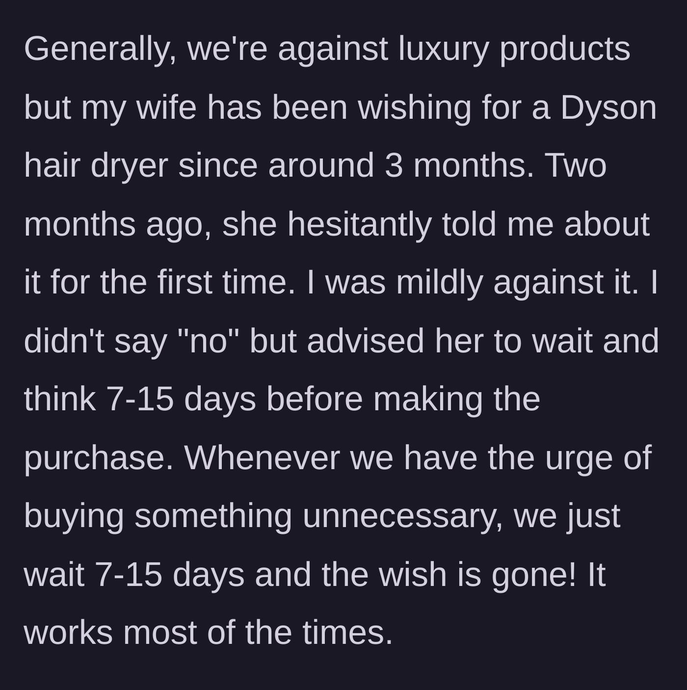Story part 2 - A woman looking longingly at a high-end Dyson hair dryer online while her husband thoughtfully suggests waiting a few days.