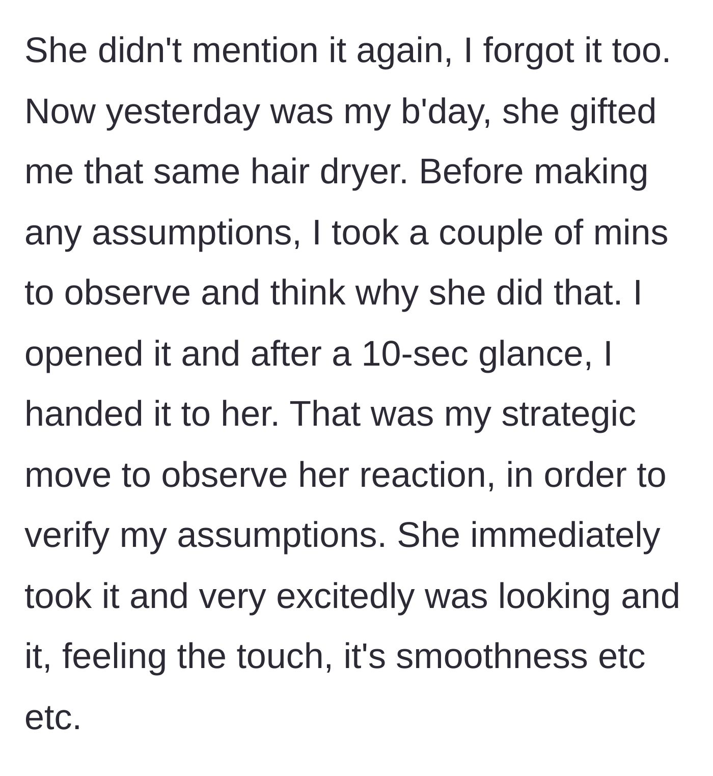 Story part 3 - A man handing a freshly opened gift box back to his wife, who immediately starts admiring the device inside with wide eyes.