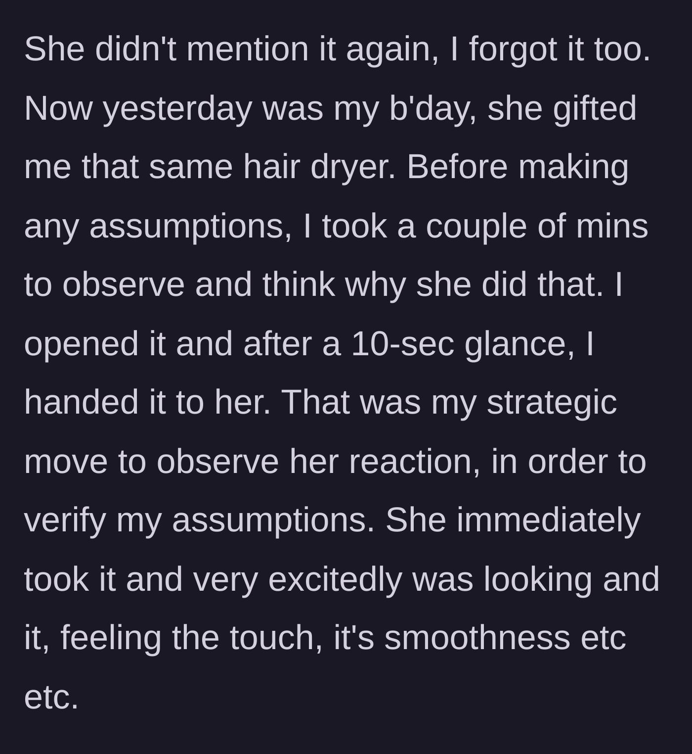 Story part 3 - A man handing a freshly opened gift box back to his wife, who immediately starts admiring the device inside with wide eyes.