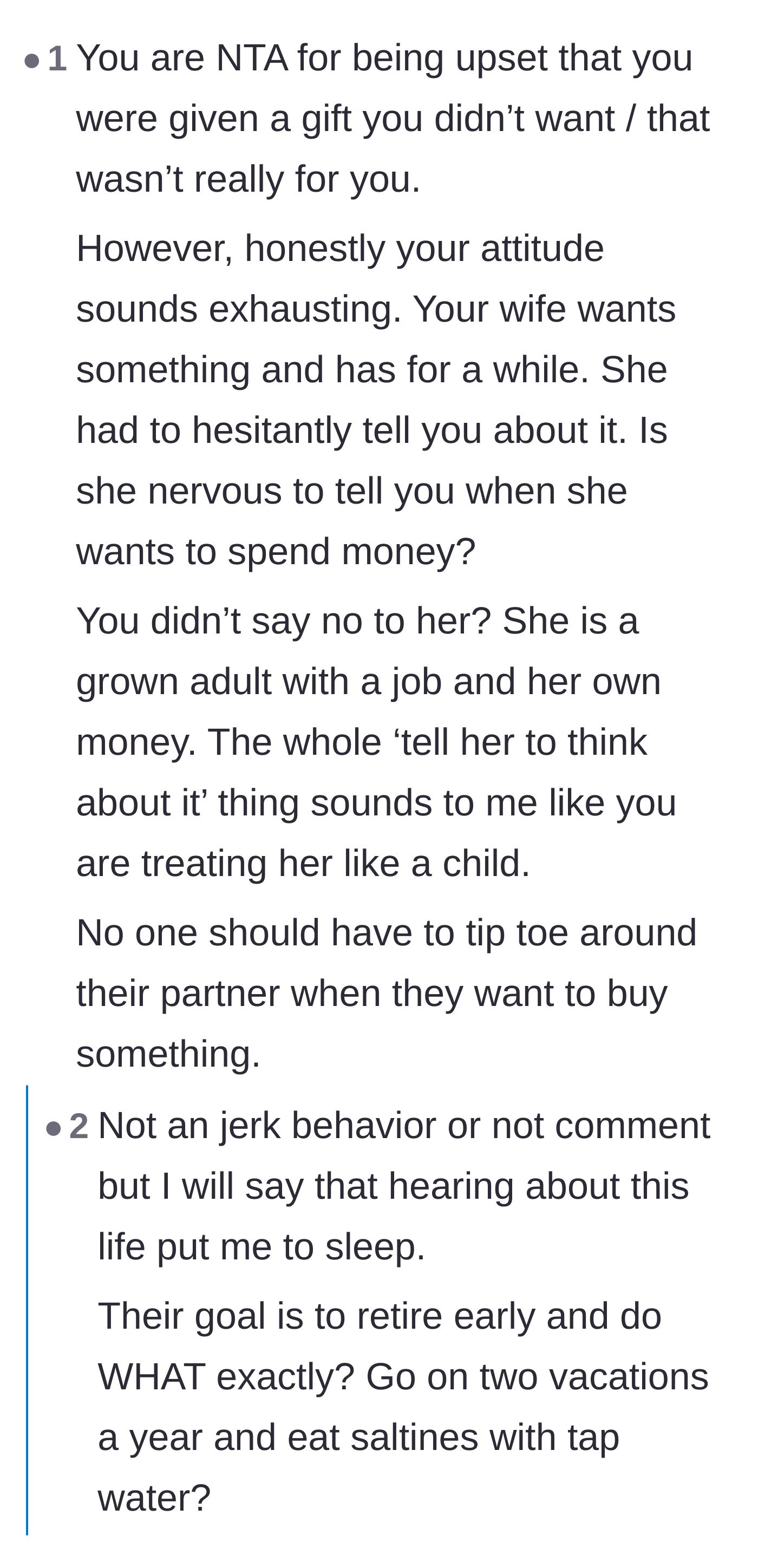 Comment thread 1 - A debate about the couple's extreme frugality and the sad reality of waiting until retirement to actually live.
