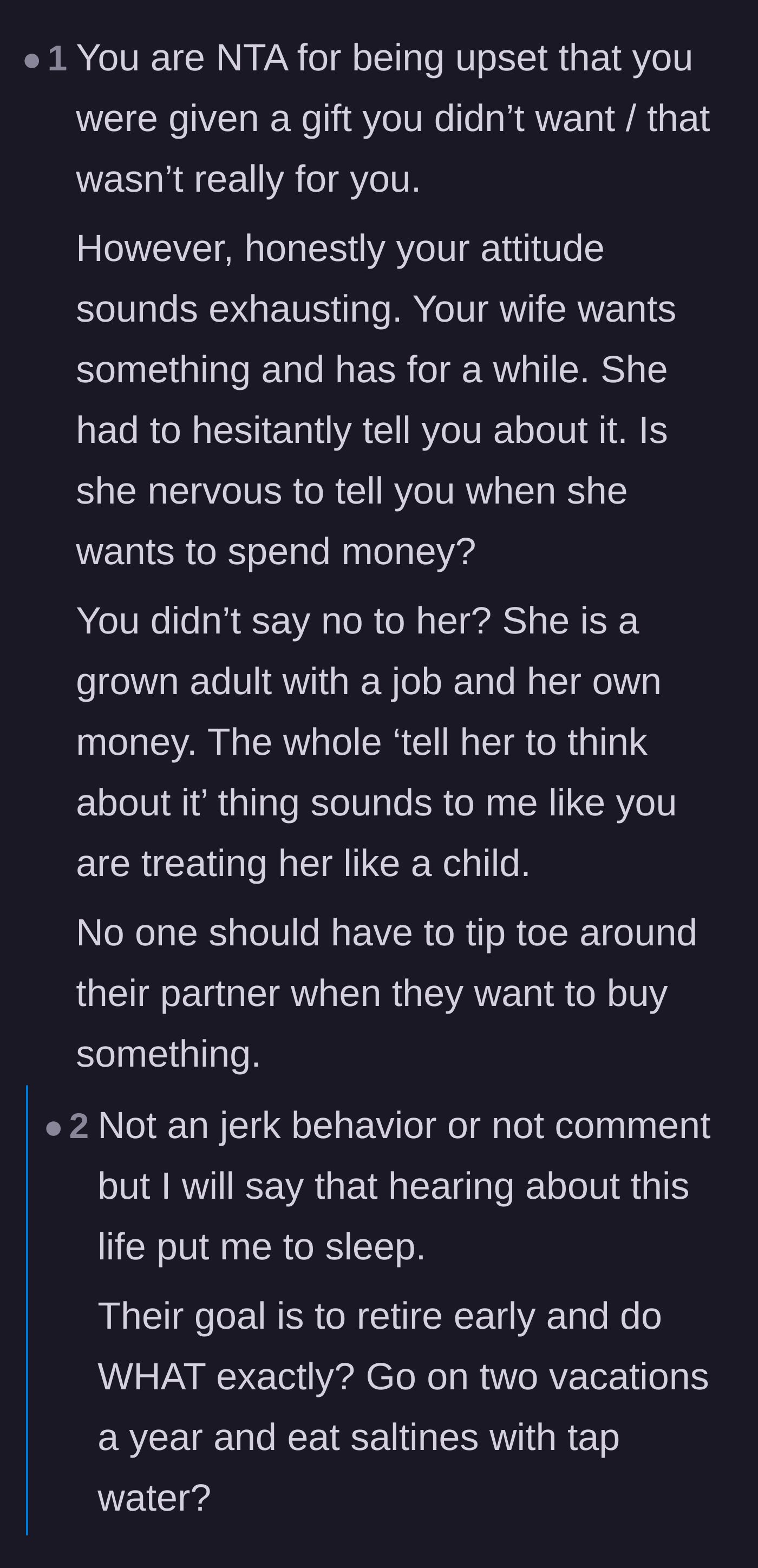 Comment thread 1 - A debate about the couple's extreme frugality and the sad reality of waiting until retirement to actually live.