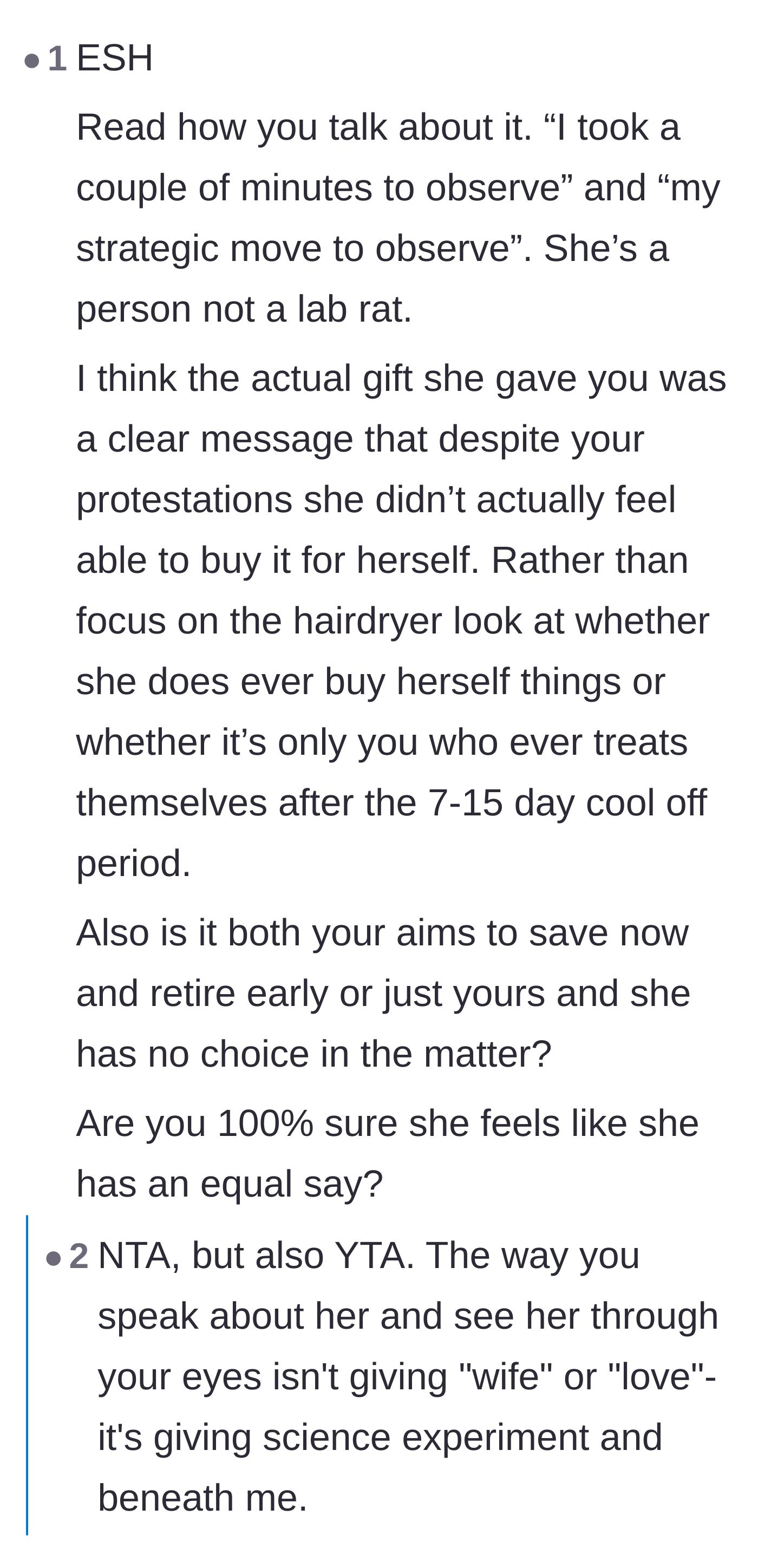 Comment thread 2 - An argument over the husband's clinical observation tactics versus the wife's blatant lack of communication.
