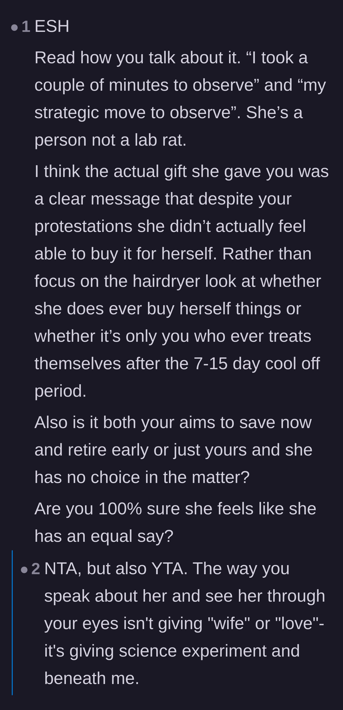Comment thread 2 - An argument over the husband's clinical observation tactics versus the wife's blatant lack of communication.