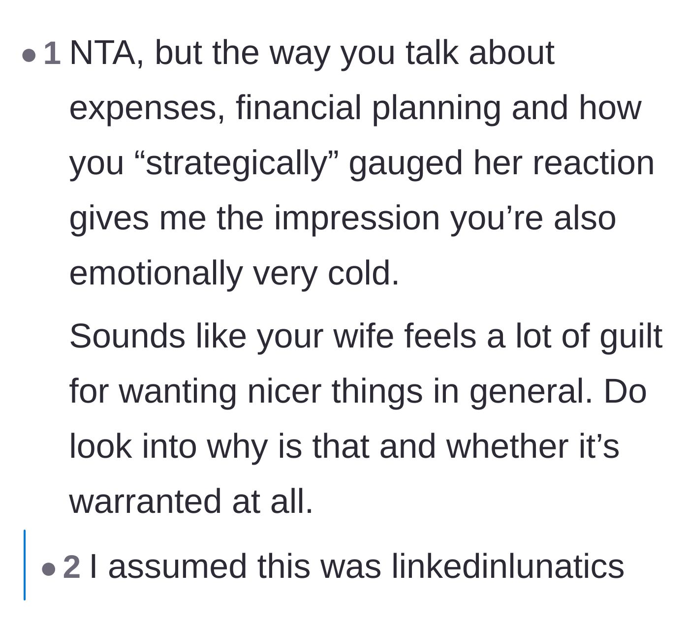 Comment thread 3 - A reader comparing the husband's cold financial planning to the sociopathic behavior seen on LinkedIn.