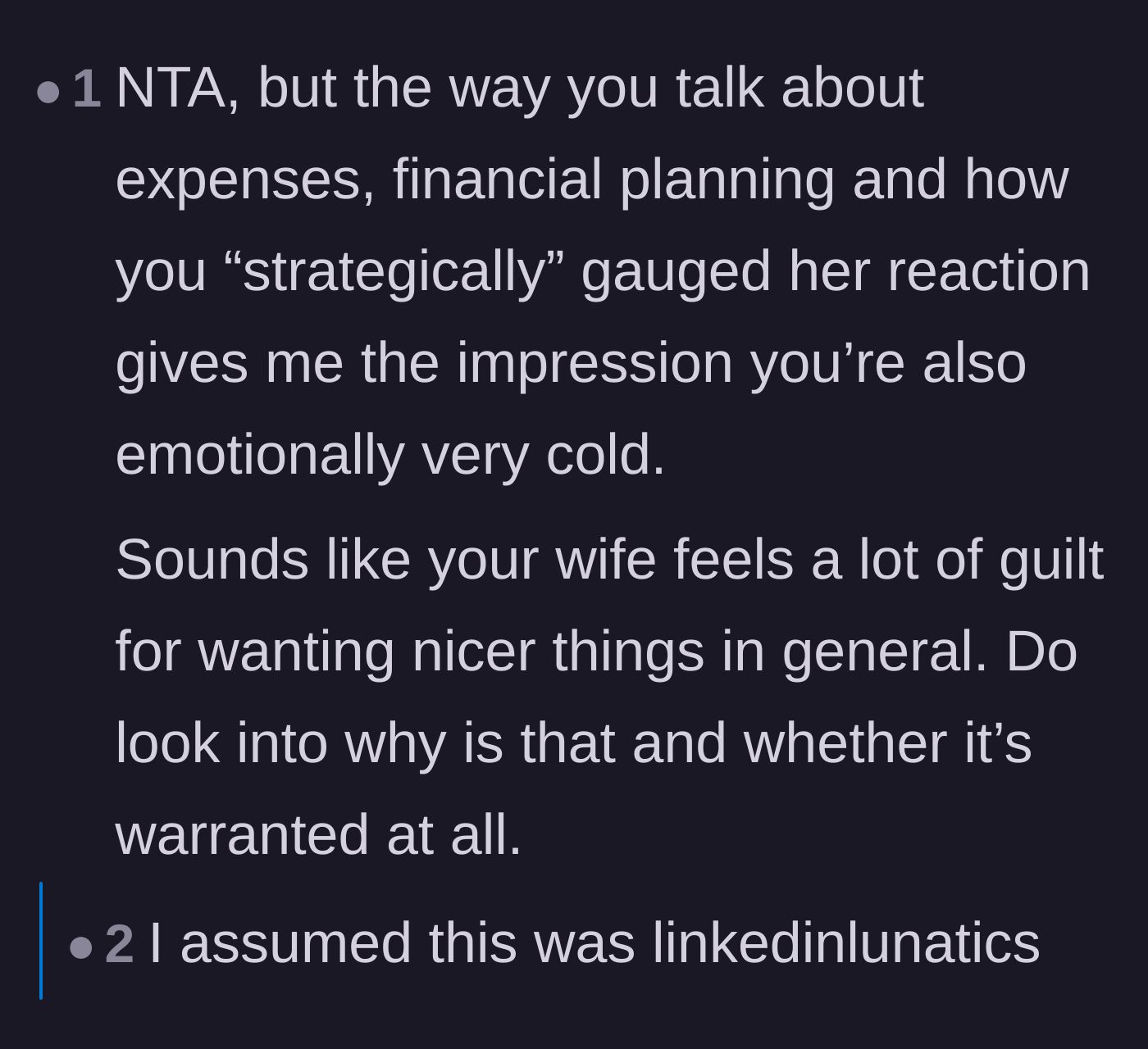 Comment thread 3 - A reader comparing the husband's cold financial planning to the sociopathic behavior seen on LinkedIn.