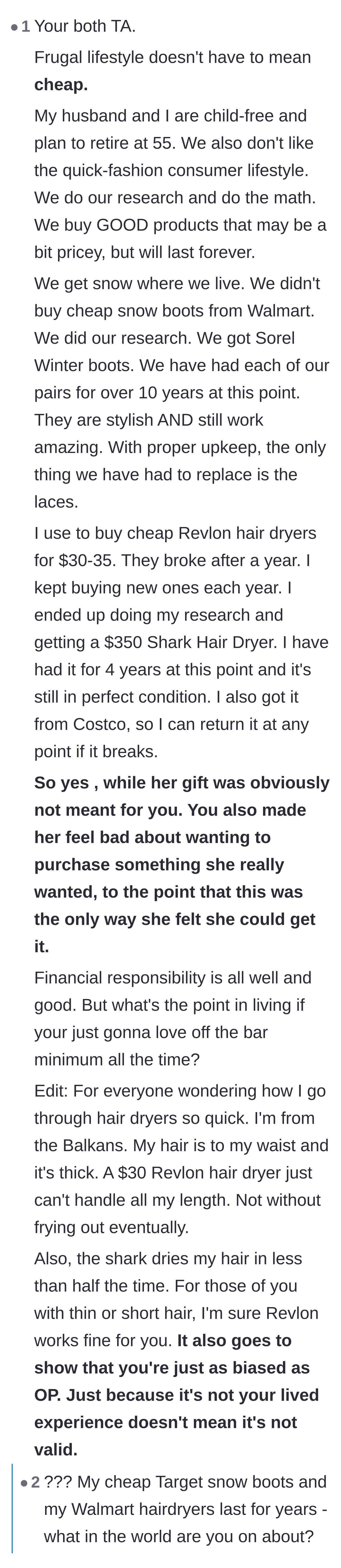 Comment thread 4 - A fierce debate over whether a luxury hair dryer is a genuine investment or just clever marketing, featuring some highly questionable consumer math.