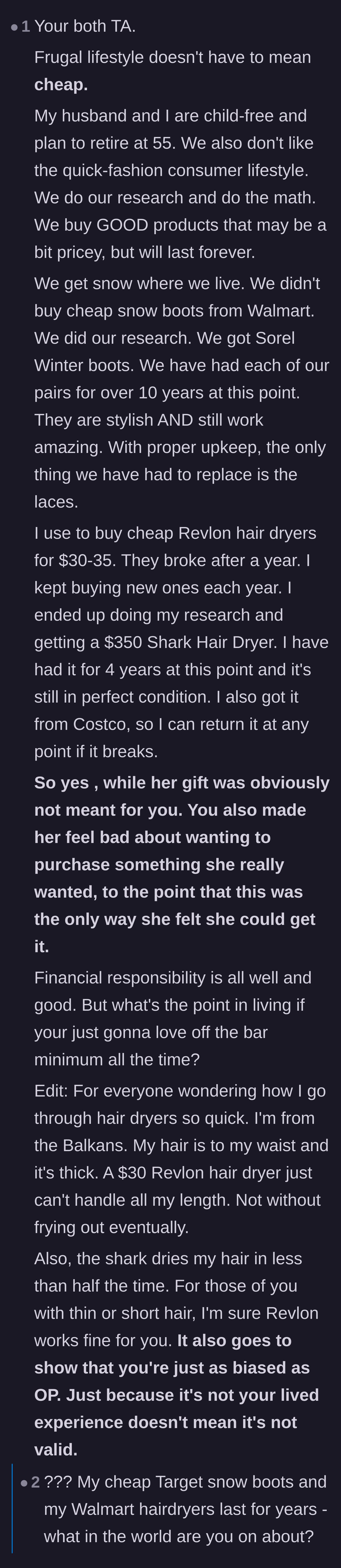 Comment thread 4 - A fierce debate over whether a luxury hair dryer is a genuine investment or just clever marketing, featuring some highly questionable consumer math.