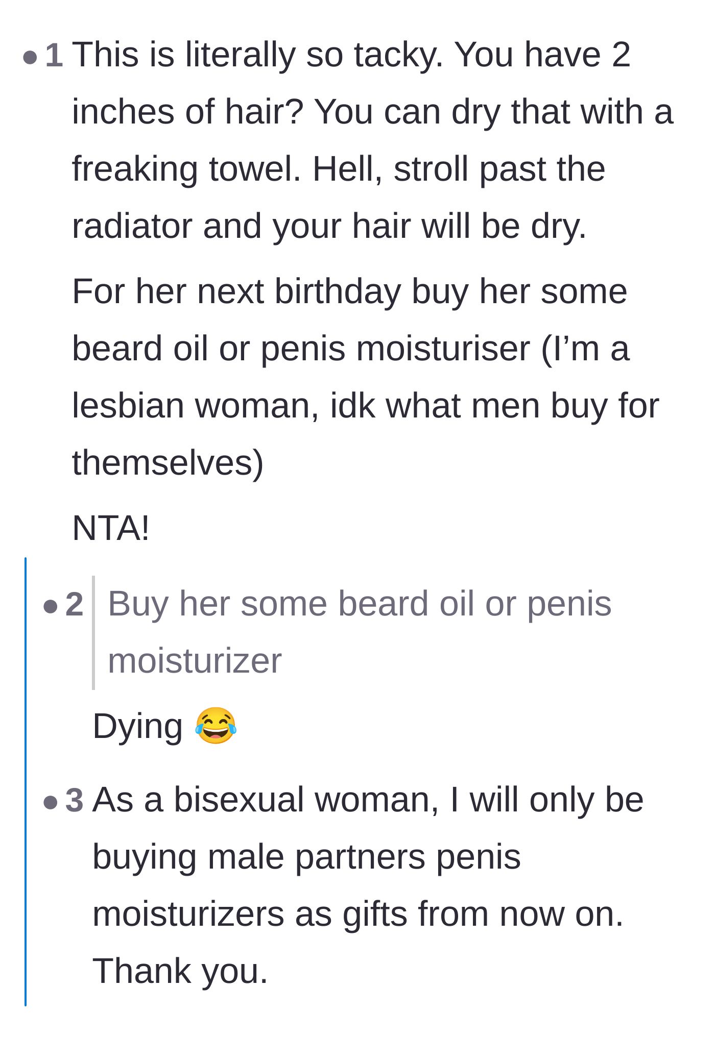 Comment thread 5 - A hilarious suggestion to retaliate by buying the wife incredibly specific male grooming products for her next birthday.