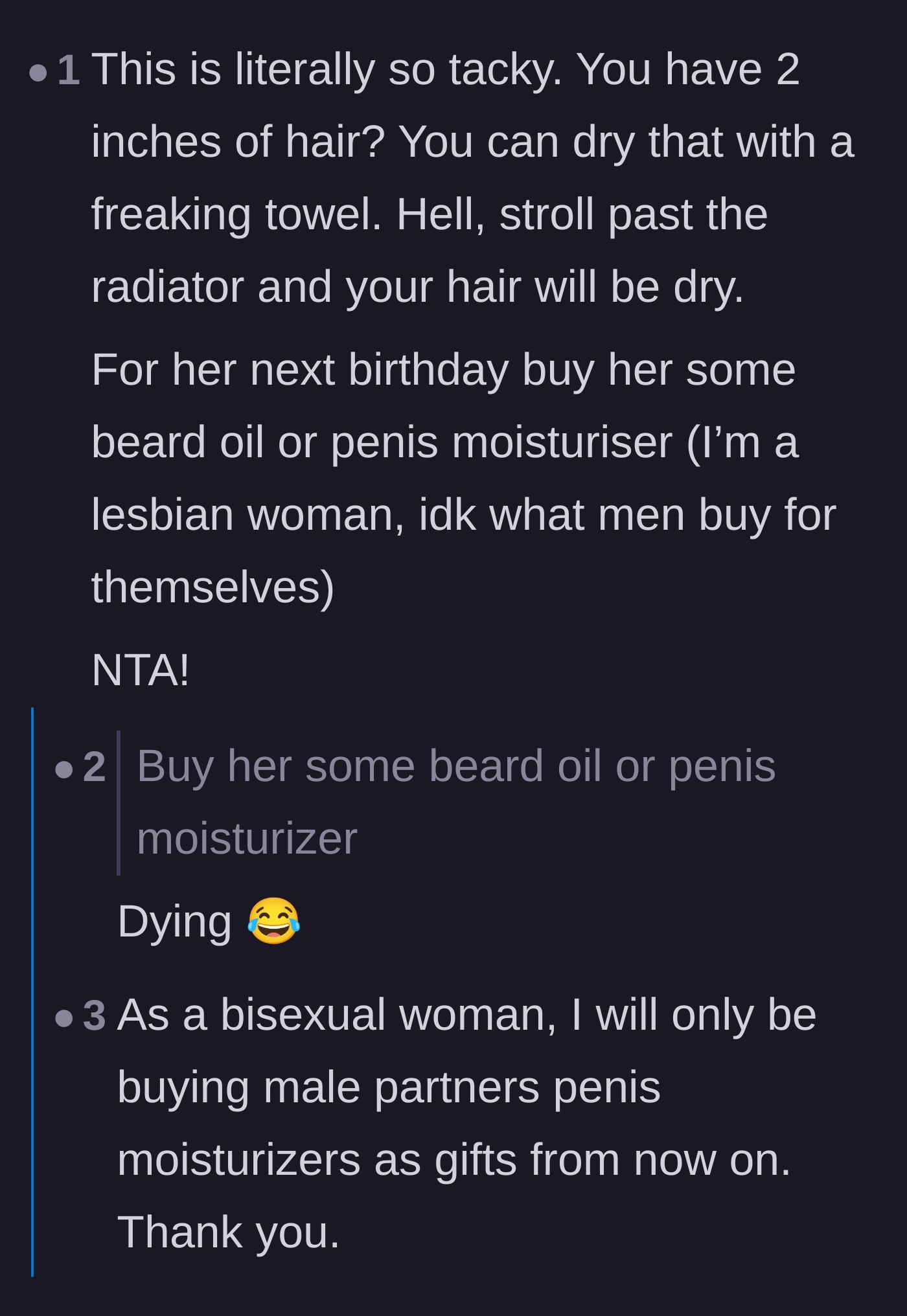Comment thread 5 - A hilarious suggestion to retaliate by buying the wife incredibly specific male grooming products for her next birthday.