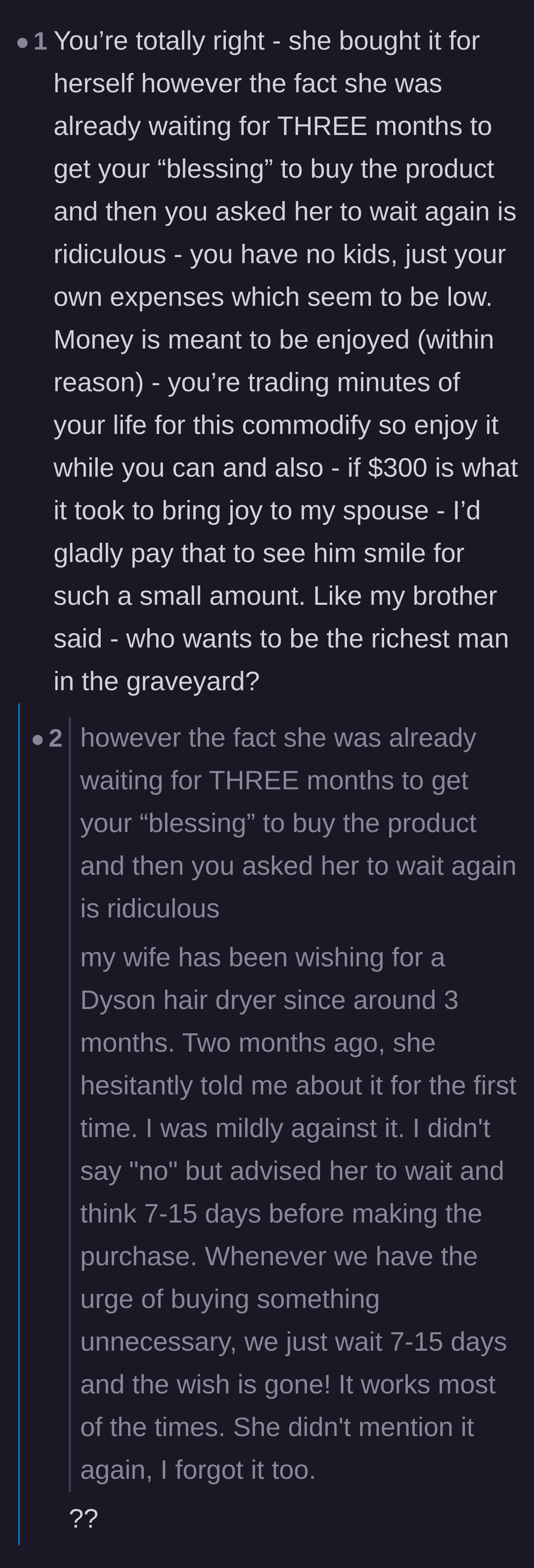 Comment thread 6 - Commenters shutting down a reader who failed to comprehend the couple's mutual two-week cooling-off rule.