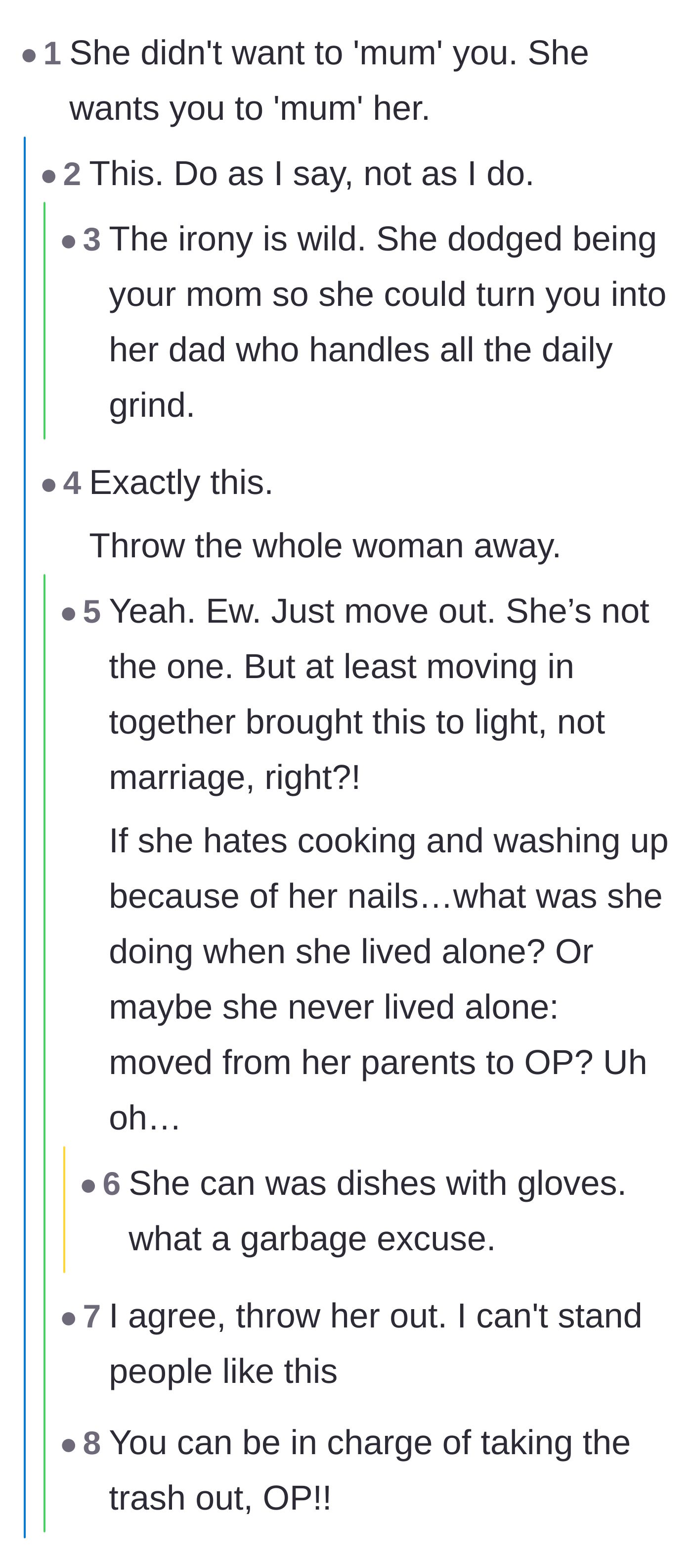 Comment thread 1 - Readers pointing out the irony of her dodging being a mom just to turn him into a dad.