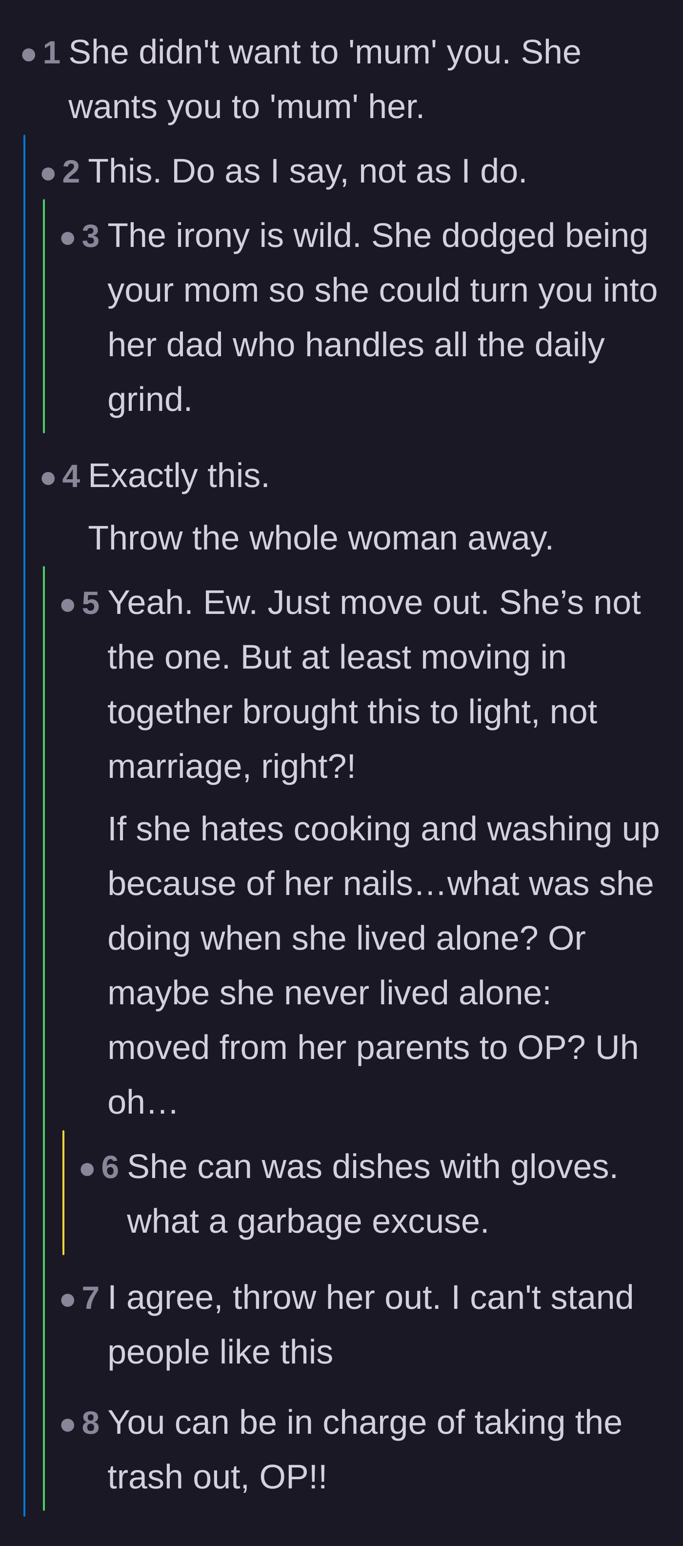 Comment thread 1 - Readers pointing out the irony of her dodging being a mom just to turn him into a dad.