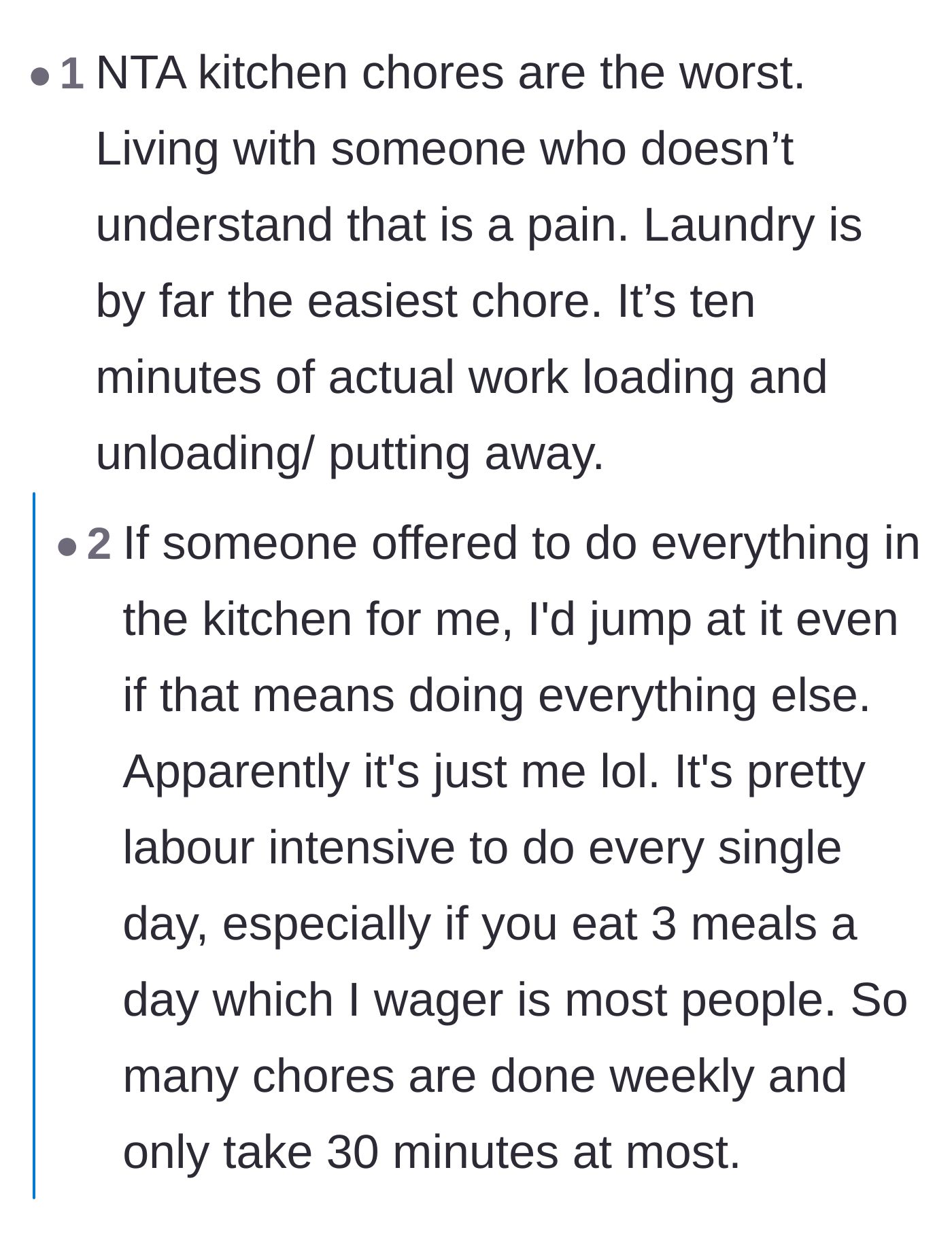 Comment thread 2 - A debate on the mental load of kitchen chores versus laundry, and a reminder that rubber gloves exist.