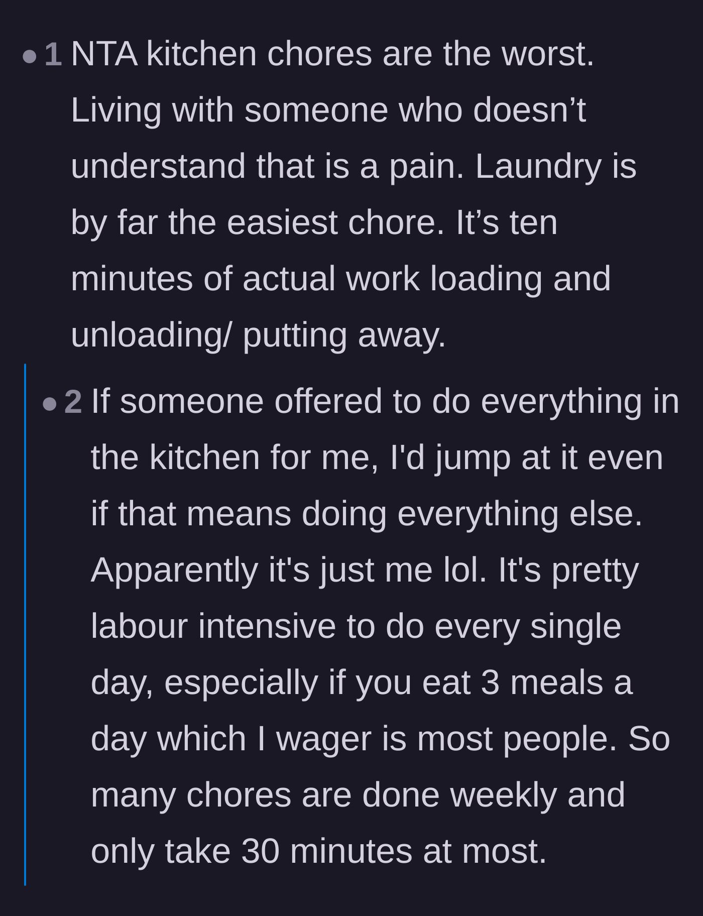 Comment thread 2 - A debate on the mental load of kitchen chores versus laundry, and a reminder that rubber gloves exist.