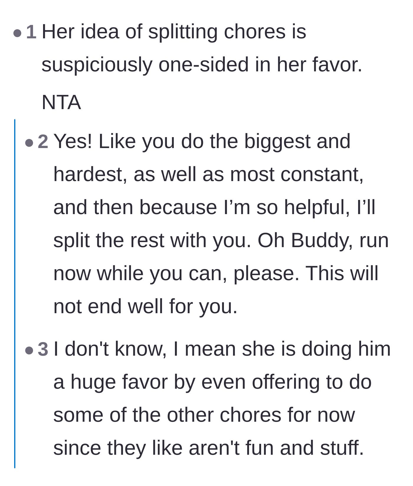 Comment thread 4 - People calling out her fake generosity for offering to split the easiest chores.