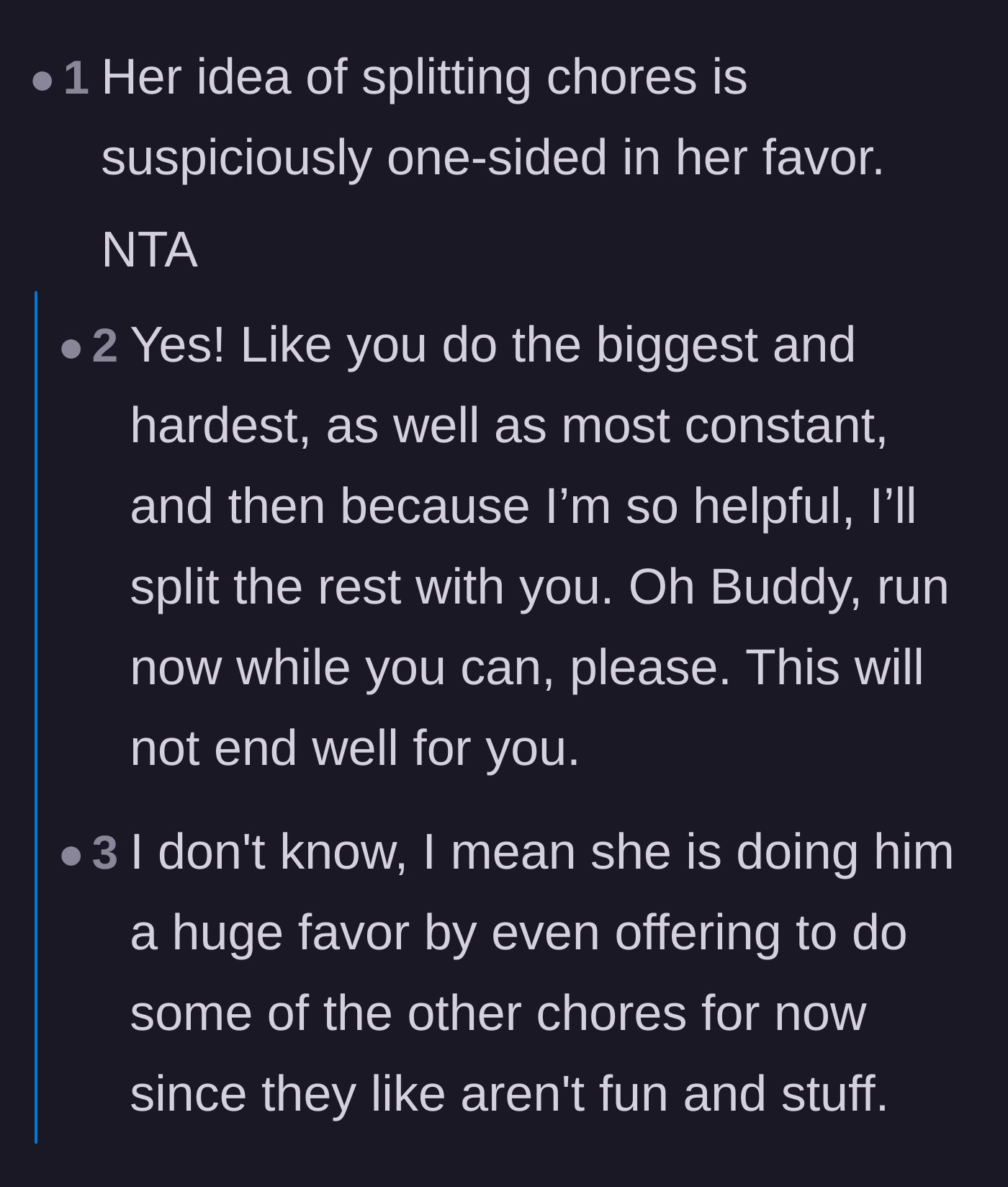 Comment thread 4 - People calling out her fake generosity for offering to split the easiest chores.