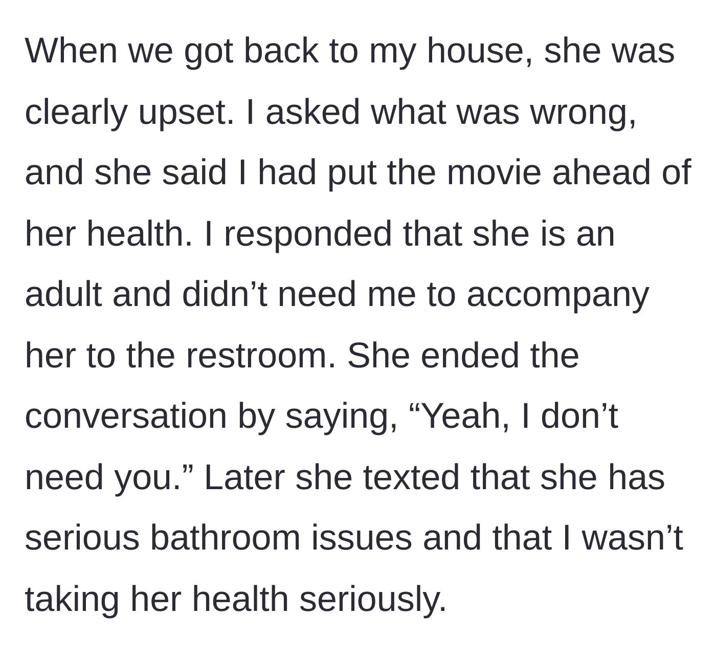 Story part 5 - A fight erupts at home where she accuses him of ignoring her health and texts him about serious bathroom issues.