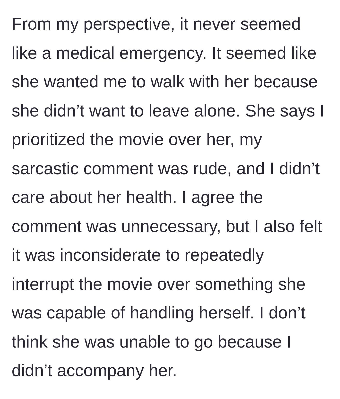 Story part 6 - The boyfriend justifies his actions, claiming it was just an excuse not to walk alone.