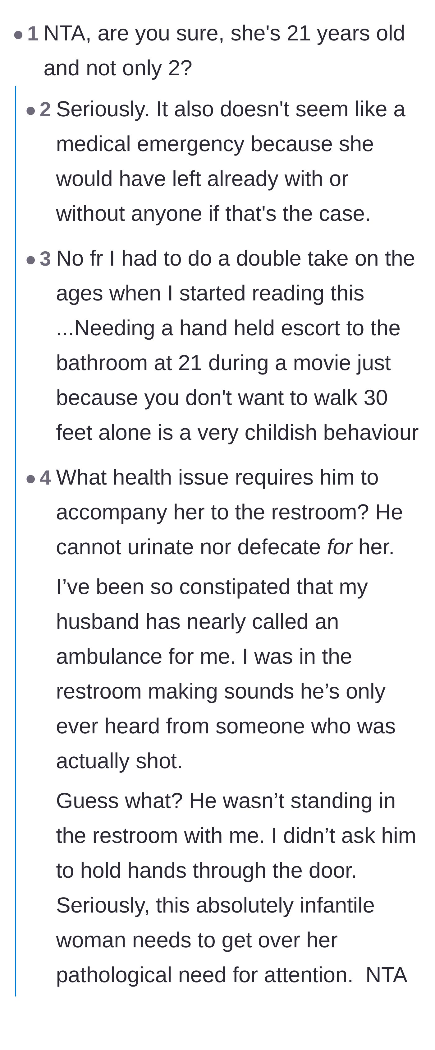 Comment thread 1 - Readers mocking the absurdity of a grown woman having a 'farting emergency' and questioning her maturity.