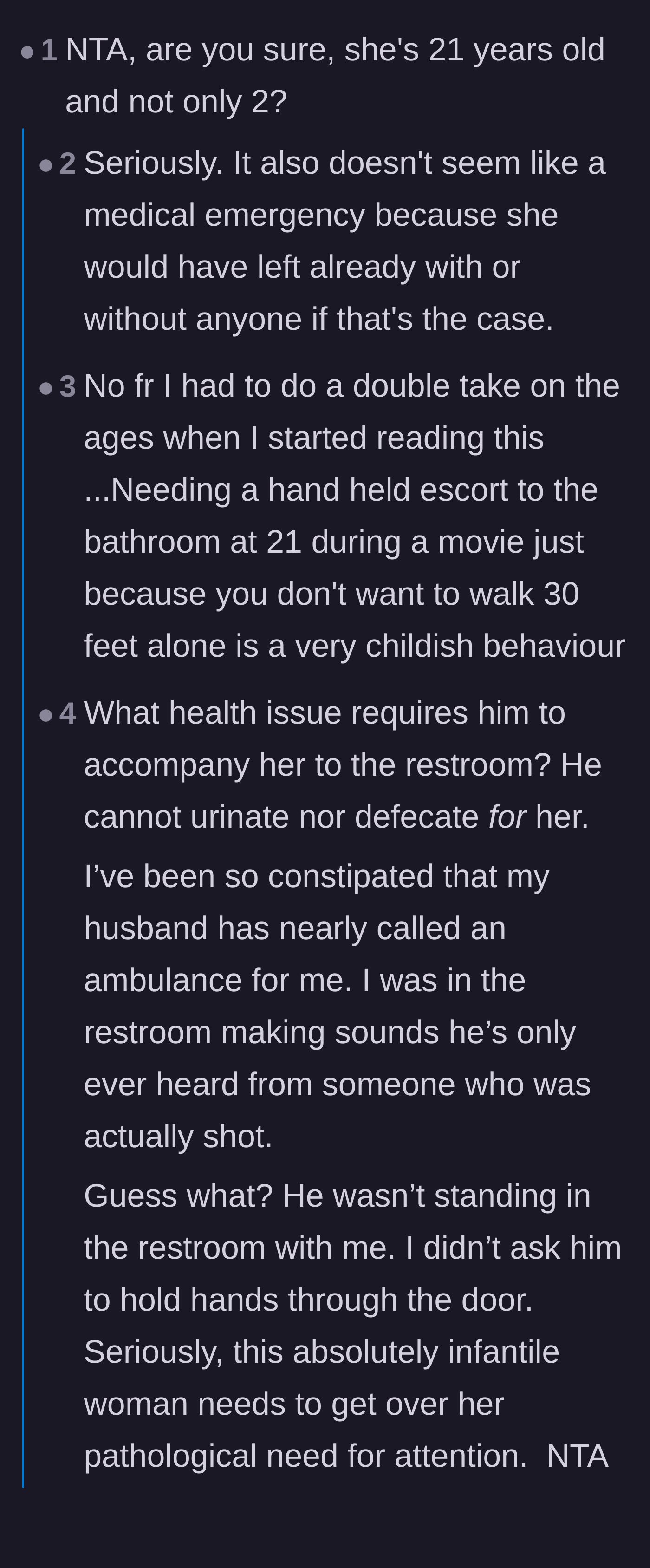 Comment thread 1 - Readers mocking the absurdity of a grown woman having a 'farting emergency' and questioning her maturity.