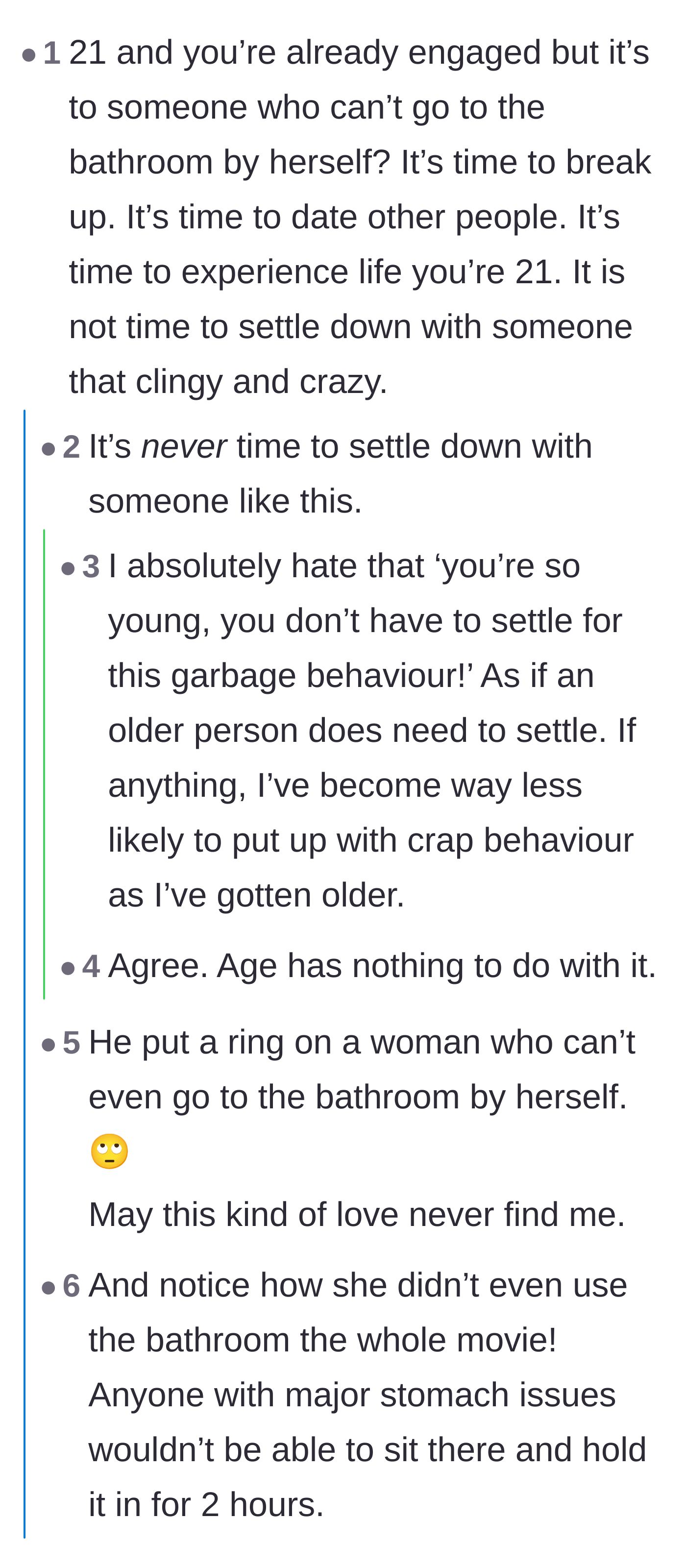 Comment thread 3 - Debate over why a 21-year-old would stay engaged to someone who acts this clingy and dependent.